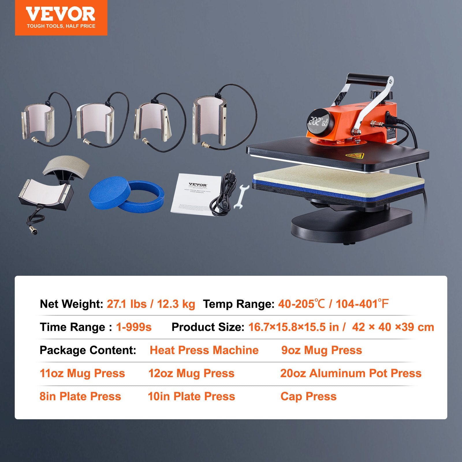 Heat Press Machine 8-in-1 Sublimation 12x15in T-Shirts Hats Mugs Swing Away