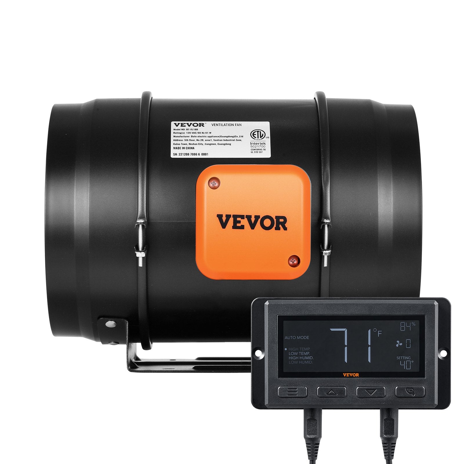 Inline Duct Fan, 203.2mm 506.2CFM EC-Motor with Temperature Humidity Controller
