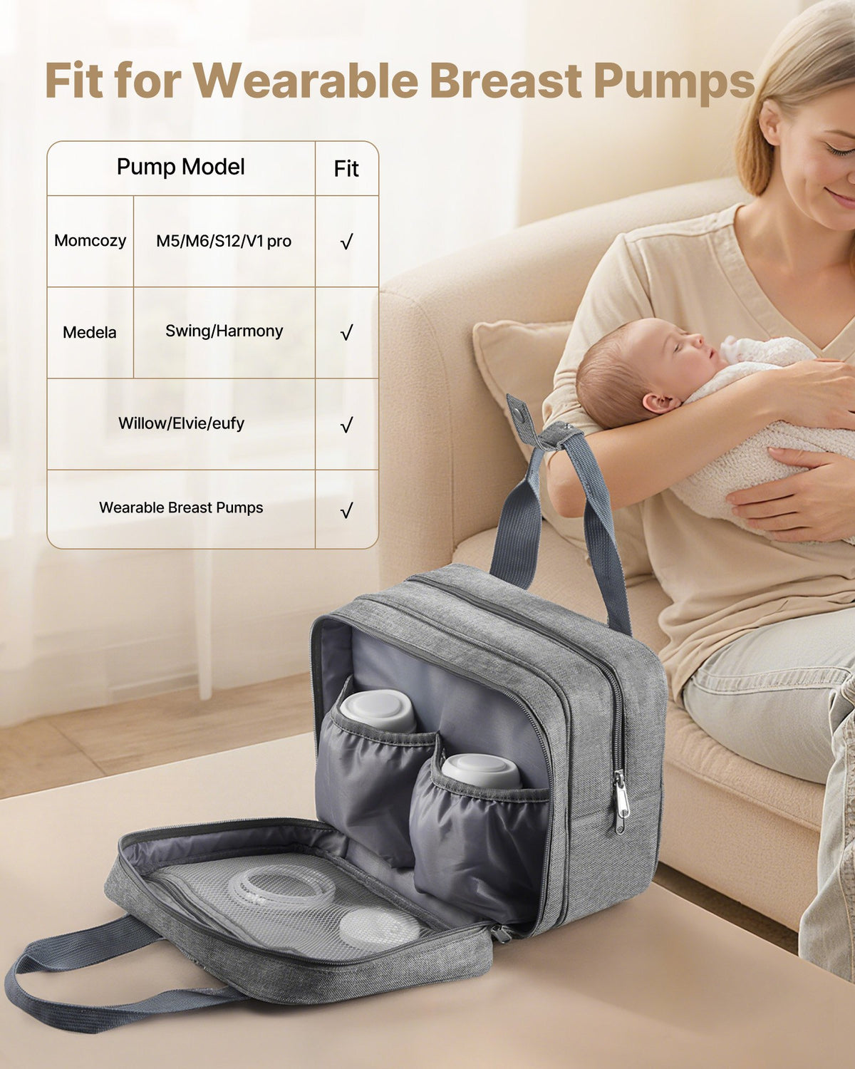 Wearable Breast Pump Bag Ice Pack Fits M5 M6 Storage Carry Case Grey