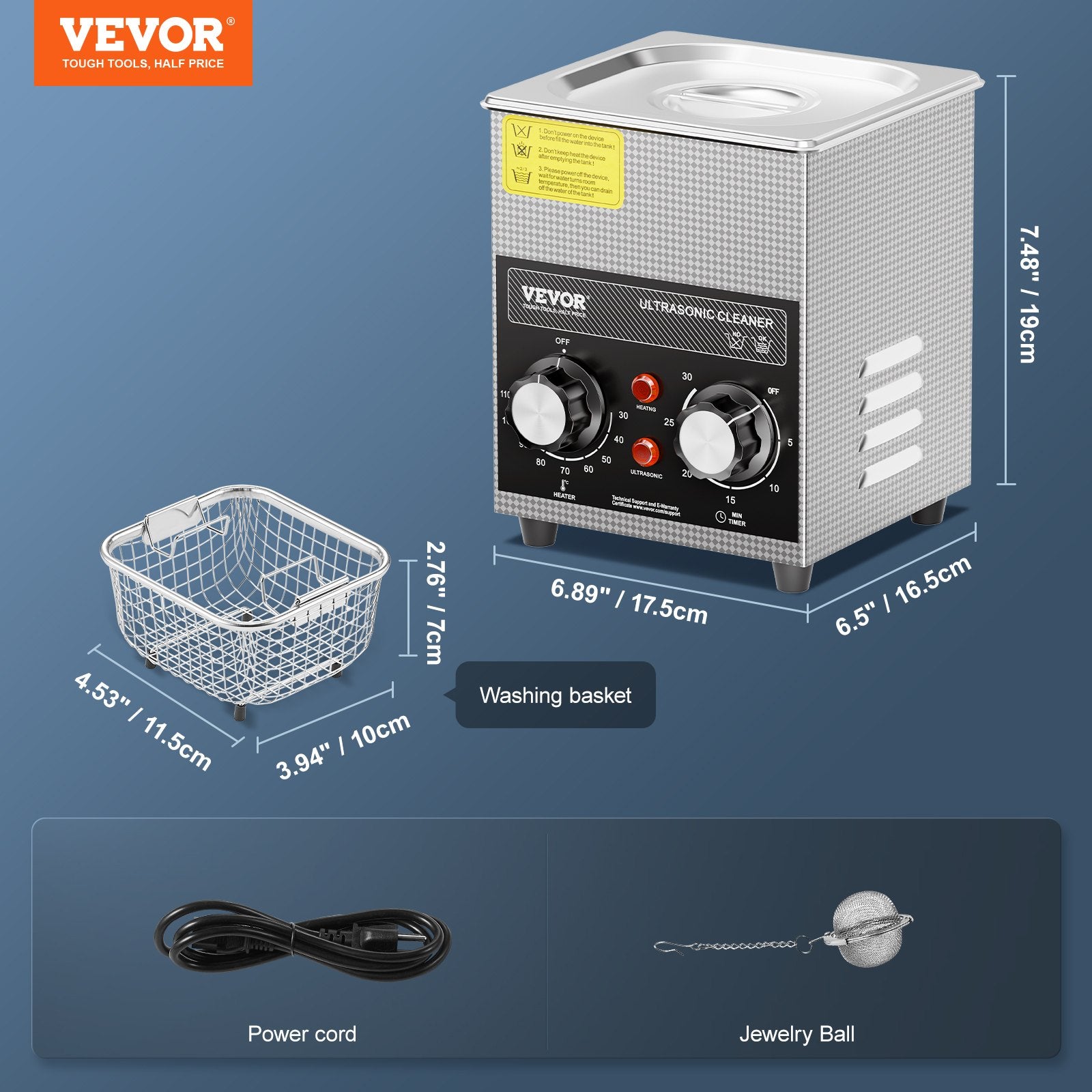 Cleaner Ultrasonic 2L with Heater Timer Basket Professional Digital 60W Machine