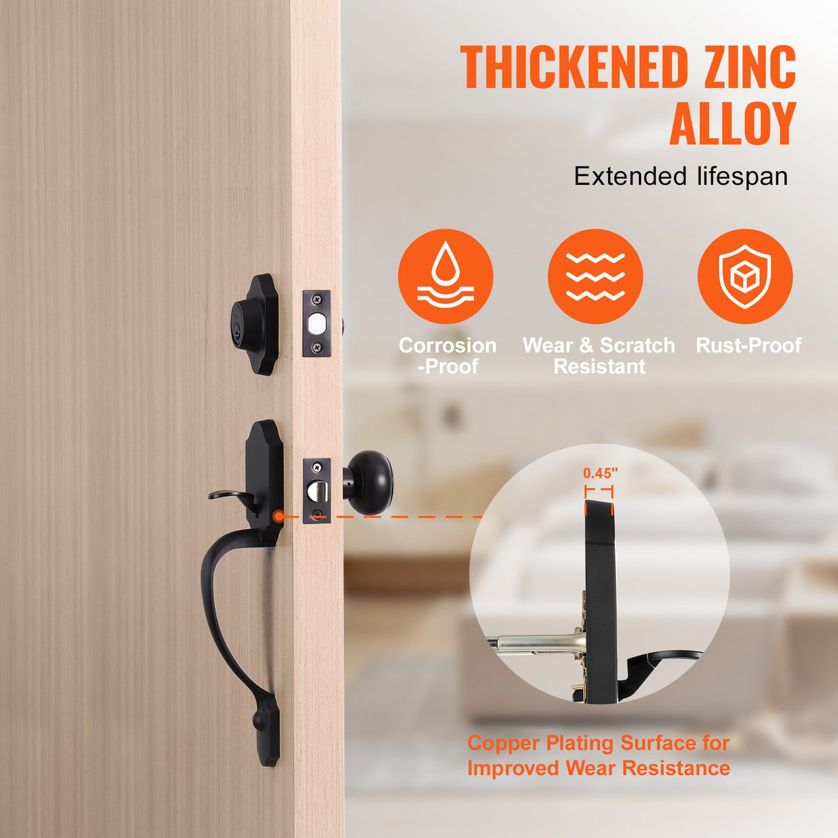 Front Door Handle and Deadbolt Set, Matte Black Single Cylinder Lock, Adjustable