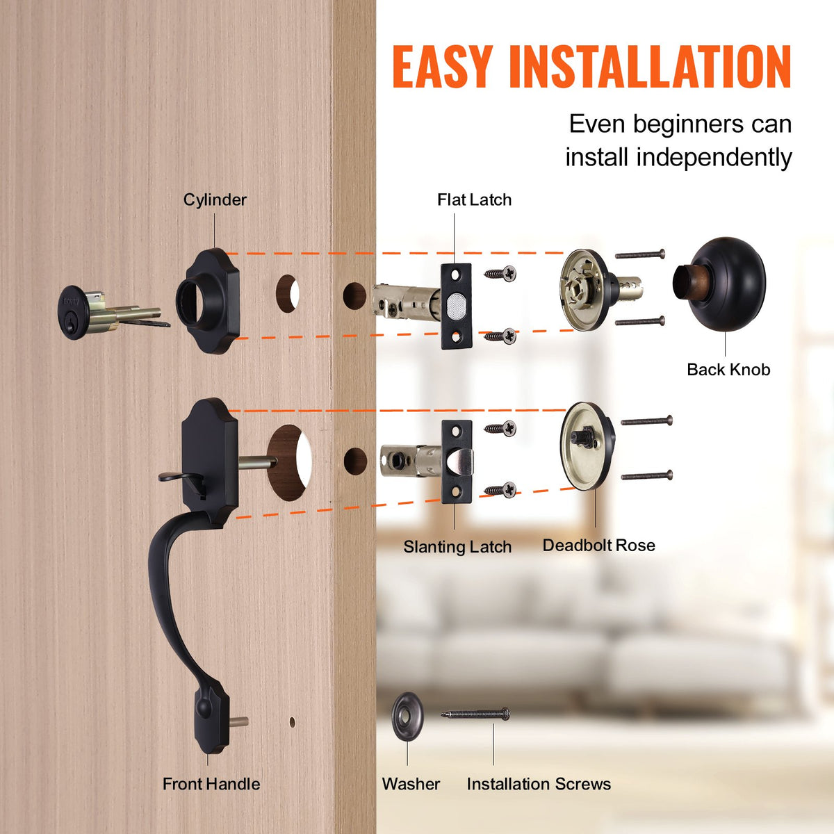 Front Door Handle and Deadbolt Set, Matte Black Single Cylinder Lock, Adjustable