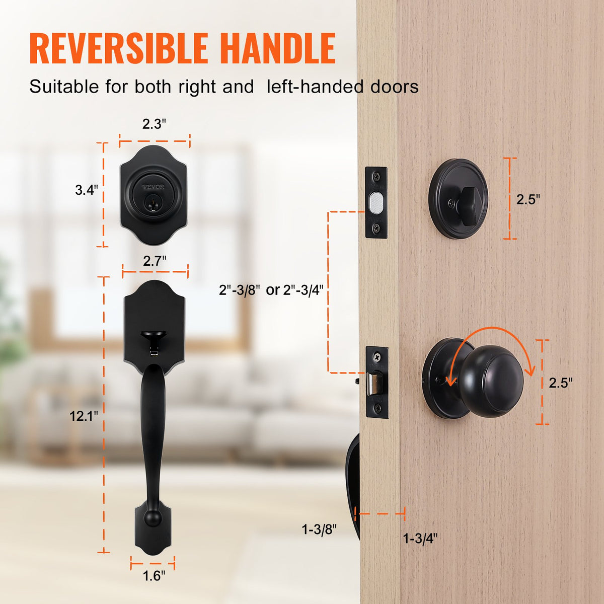 Front Door Handle and Deadbolt Set, Matte Black Single Cylinder Lock, Adjustable