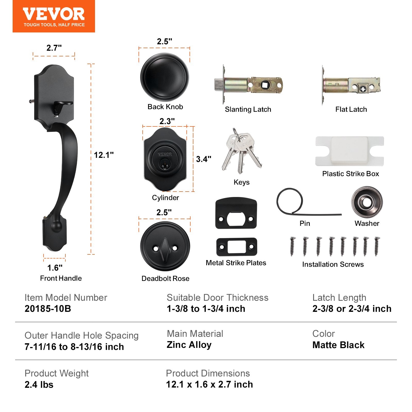 Front Door Handle and Deadbolt Set, Matte Black Single Cylinder Lock, Adjustable