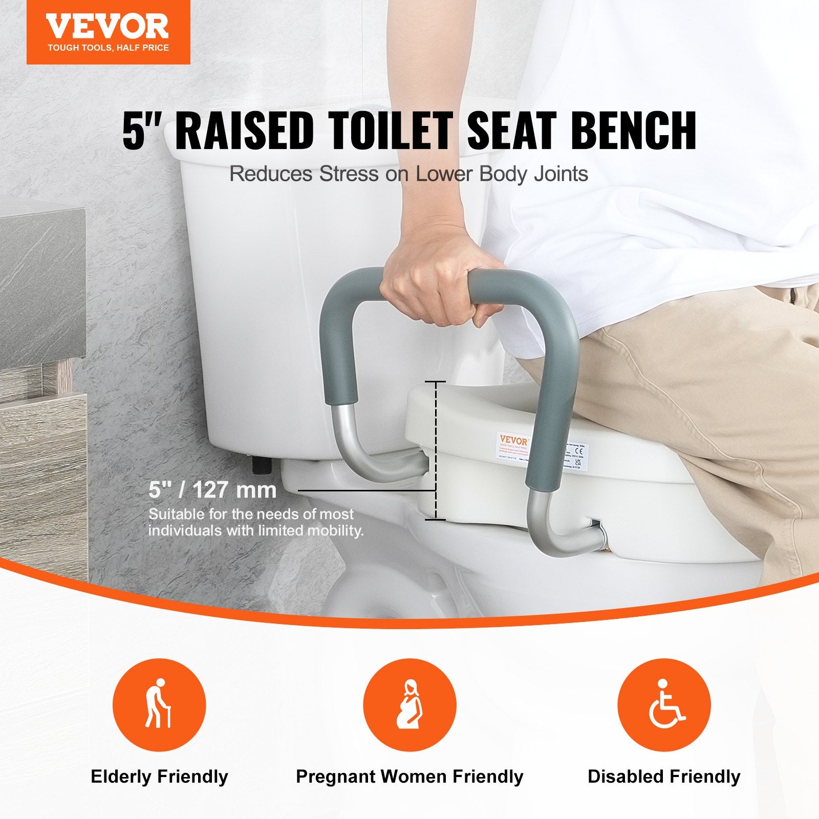 Raised Toilet Seat 5" with Adjustable Padded Armrests for Round and Elongated