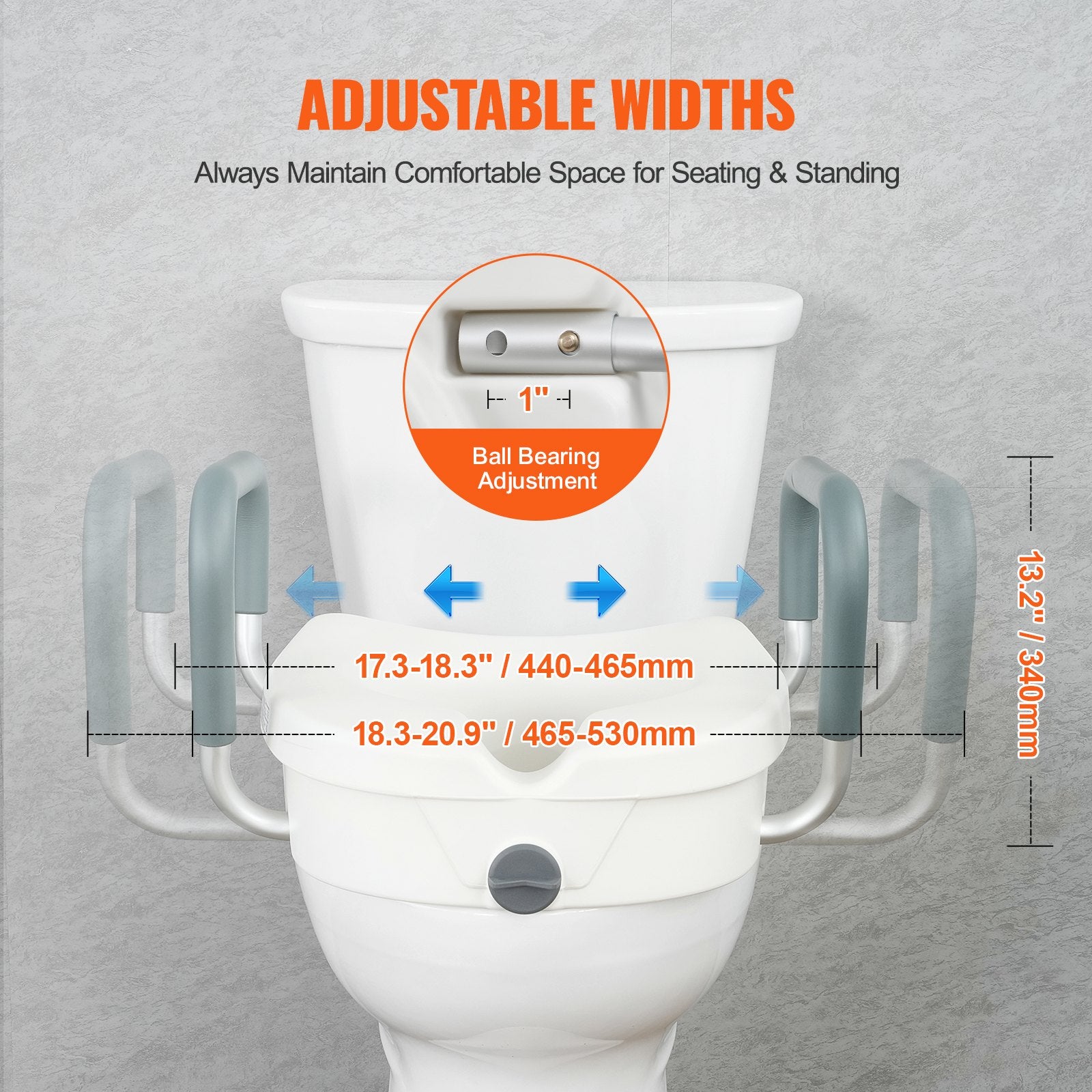 Raised Toilet Seat 5" with Adjustable Padded Armrests for Round and Elongated