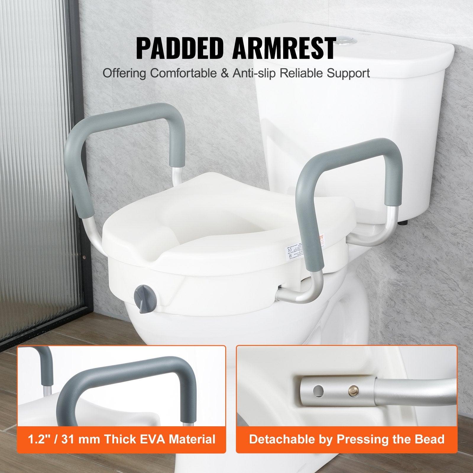 Raised Toilet Seat 5" with Adjustable Padded Armrests for Round and Elongated