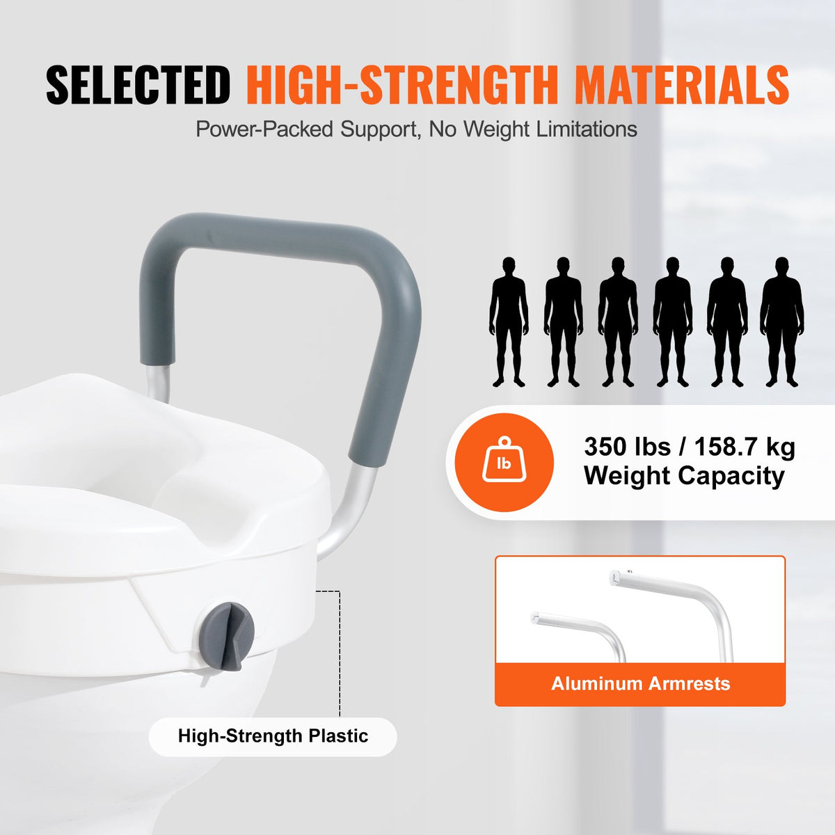 Raised Toilet Seat 5" with Adjustable Padded Armrests for Round and Elongated
