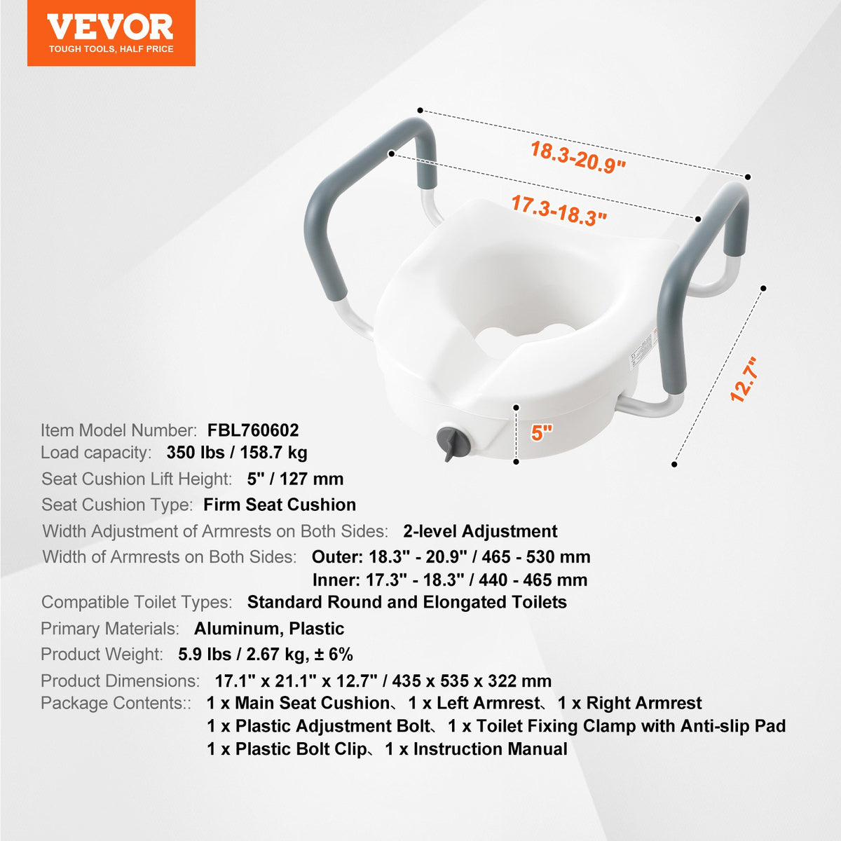 Raised Toilet Seat 5" with Adjustable Padded Armrests for Round and Elongated