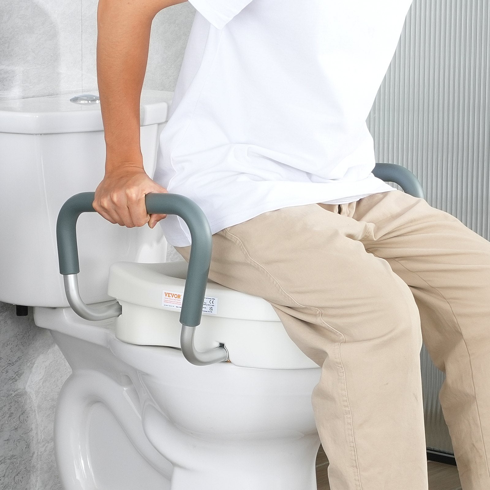Raised Toilet Seat 5" with Adjustable Padded Armrests for Round and Elongated
