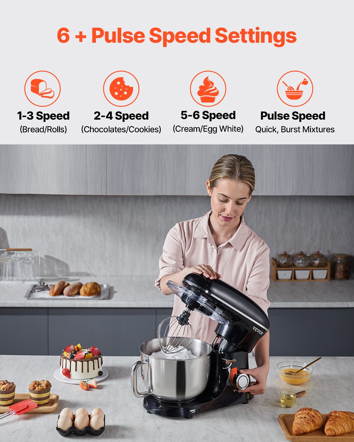 Stand Mixer 6 QT 1100W Tilt-Head 6+P Speeds with Stainless Steel Bowl Black