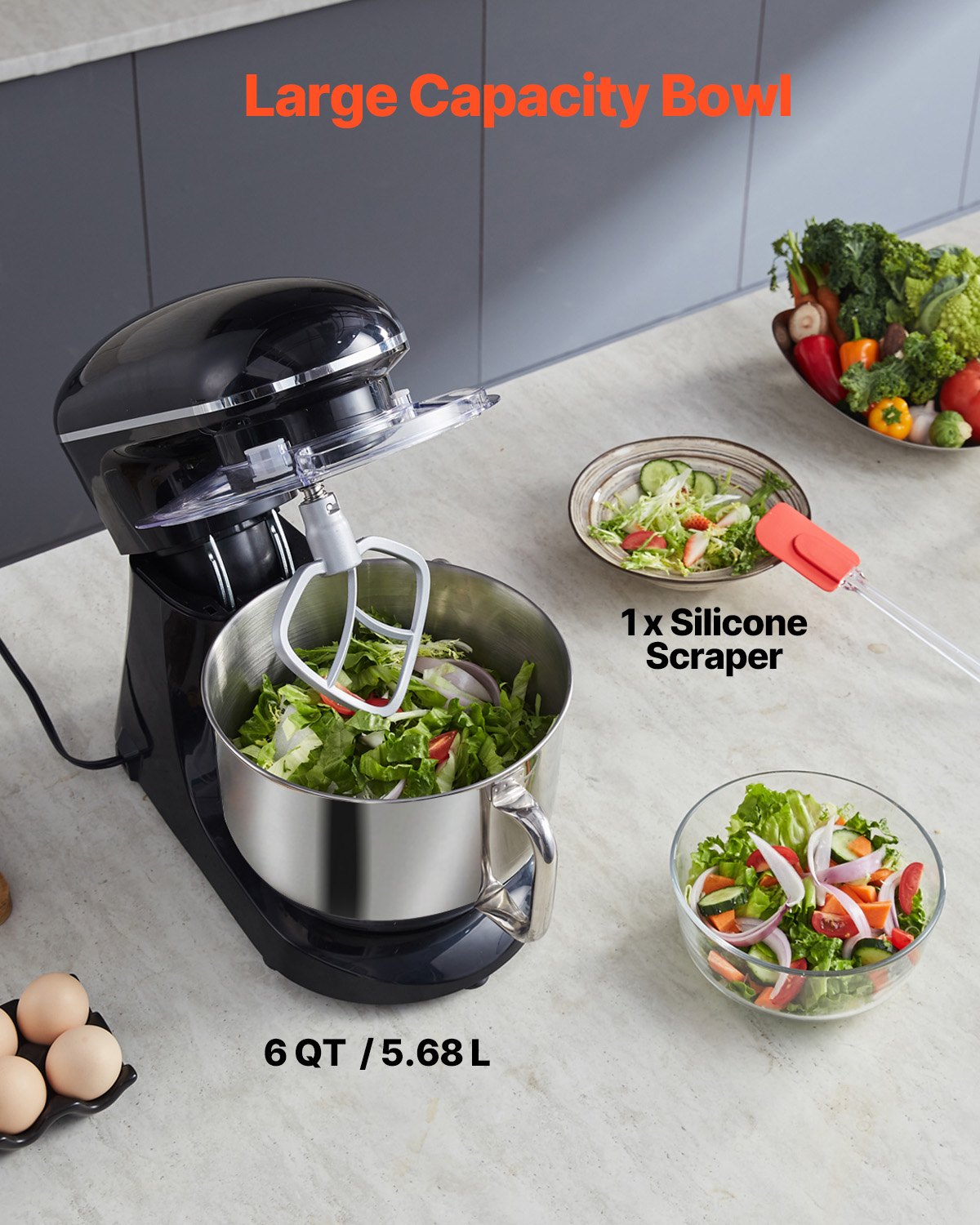 Stand Mixer 6 QT 1100W Tilt-Head 6+P Speeds with Stainless Steel Bowl Black