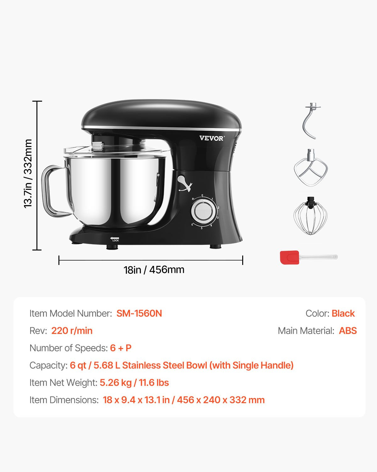 Stand Mixer 6 QT 1100W Tilt-Head 6+P Speeds with Stainless Steel Bowl Black