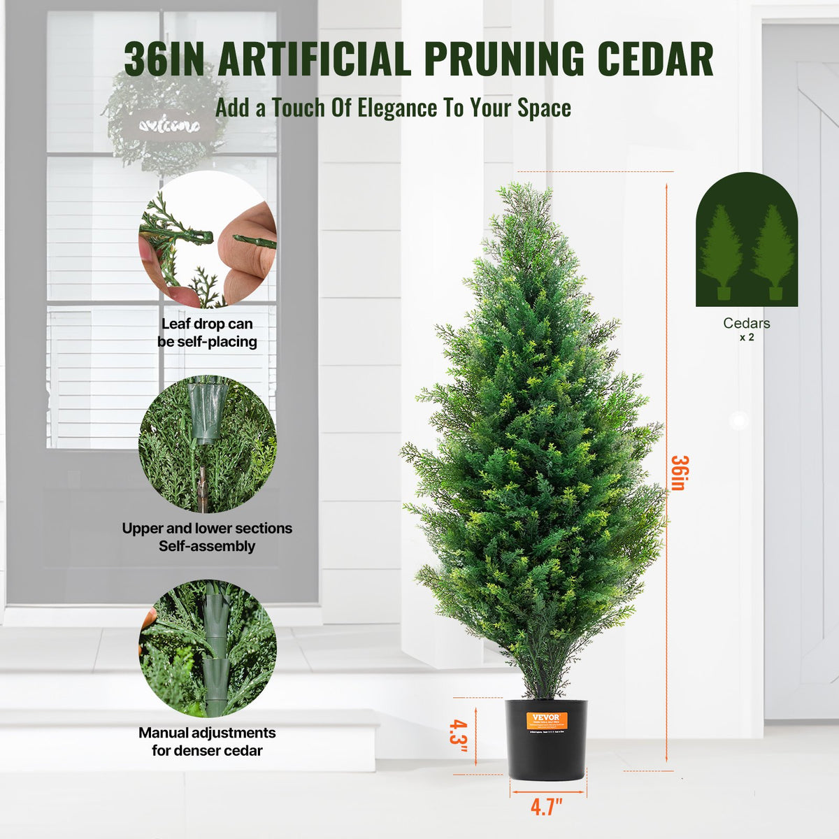 Artificial Cedar Topiary Tree, 36" Tall 2-Pack Faux Pine with Pot & Extra Leaves