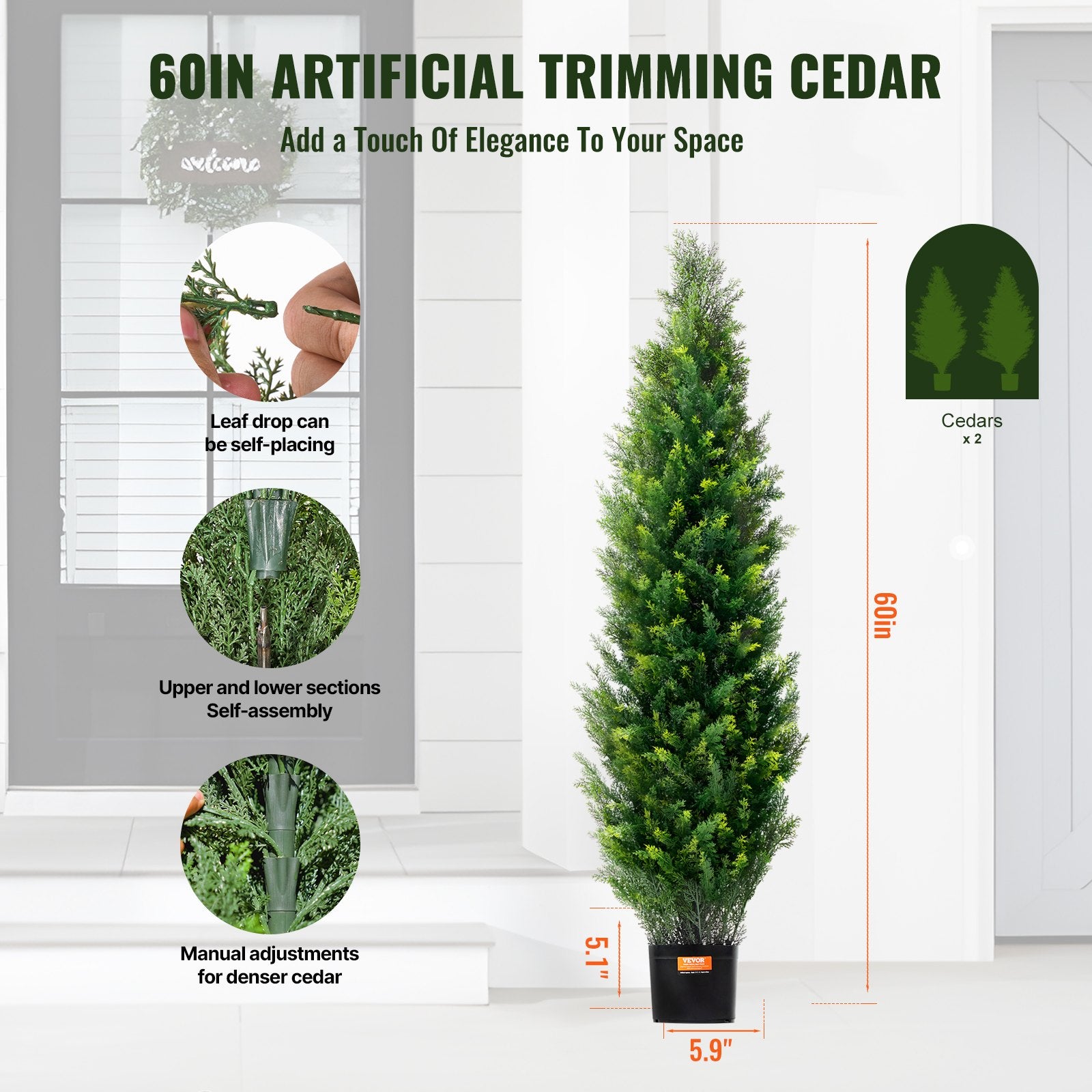 Artificial Cedar Topiary Tree, 60" Tall 2-Pack Faux Pine with Pot & Extra Leaves