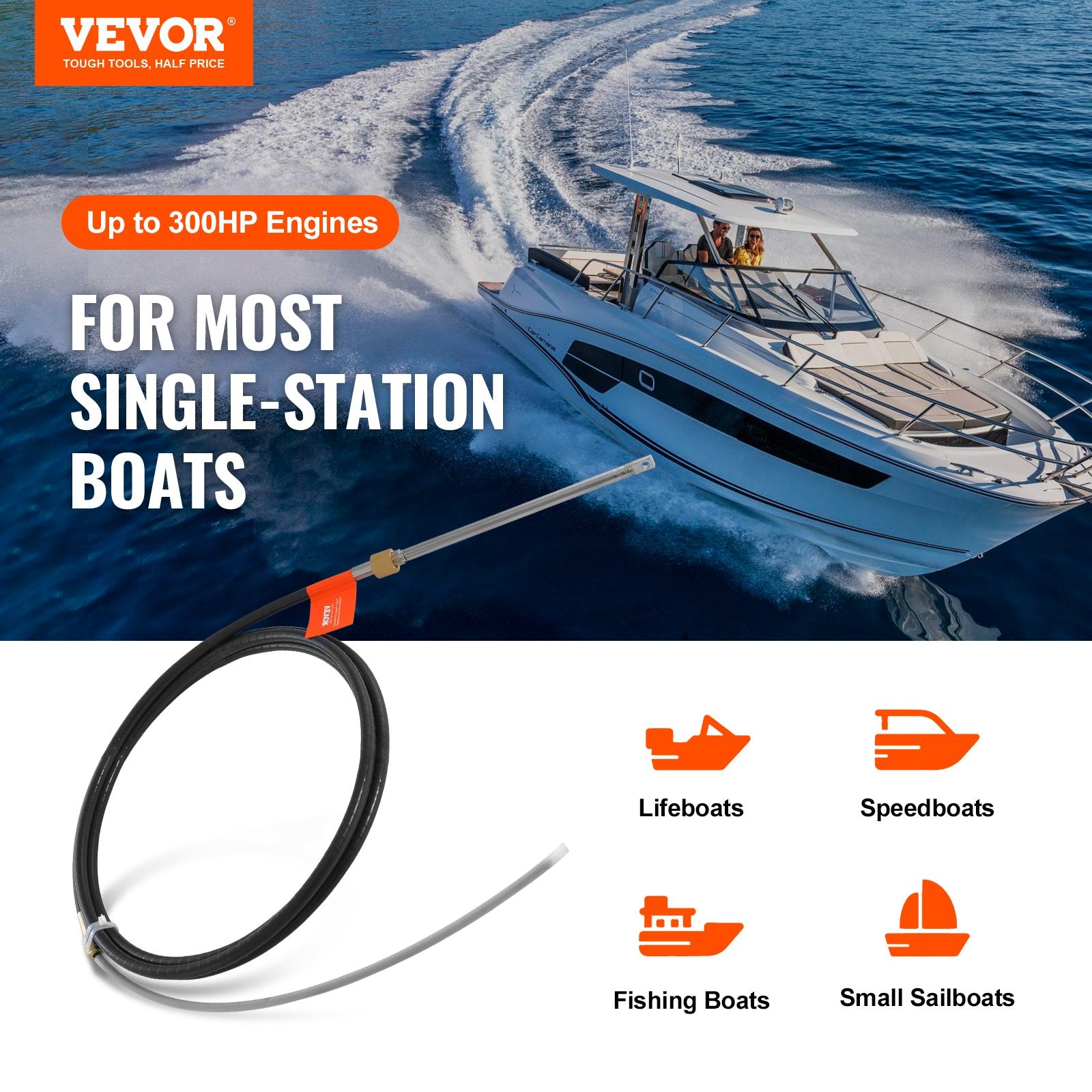 Boat Steering Cable 17ft Outboard Marine Steel High Tensile 1/2 Ton