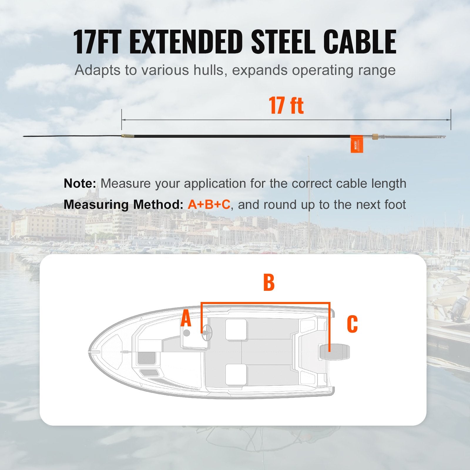 Boat Steering Cable 17ft Outboard Marine Steel High Tensile 1/2 Ton