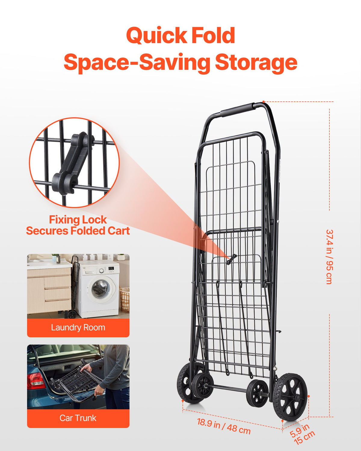 Folding Grocery Utility Cart with Swivel Wheels, 40.8 kg Load Capacity, Black