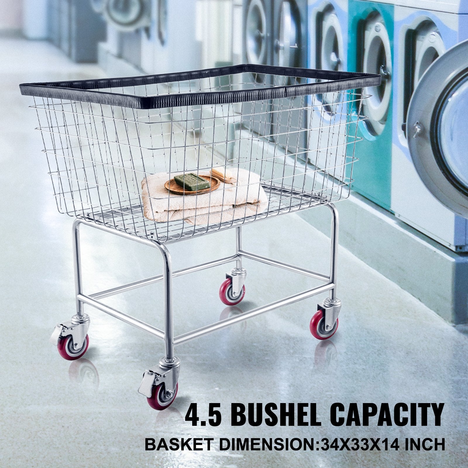 Wire Laundry Cart 4.5 Bushel Steel Chrome Finish 5in Casters 670x400x260mm