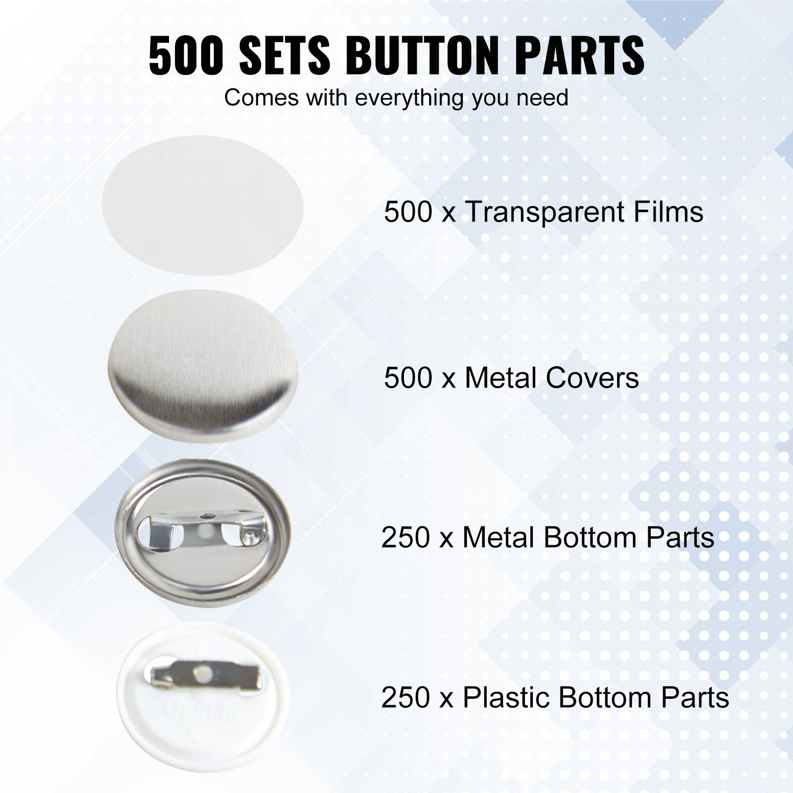 500 Sets 1" 25mm Pin Back Button Parts DIY Badge Parts with Tops Films