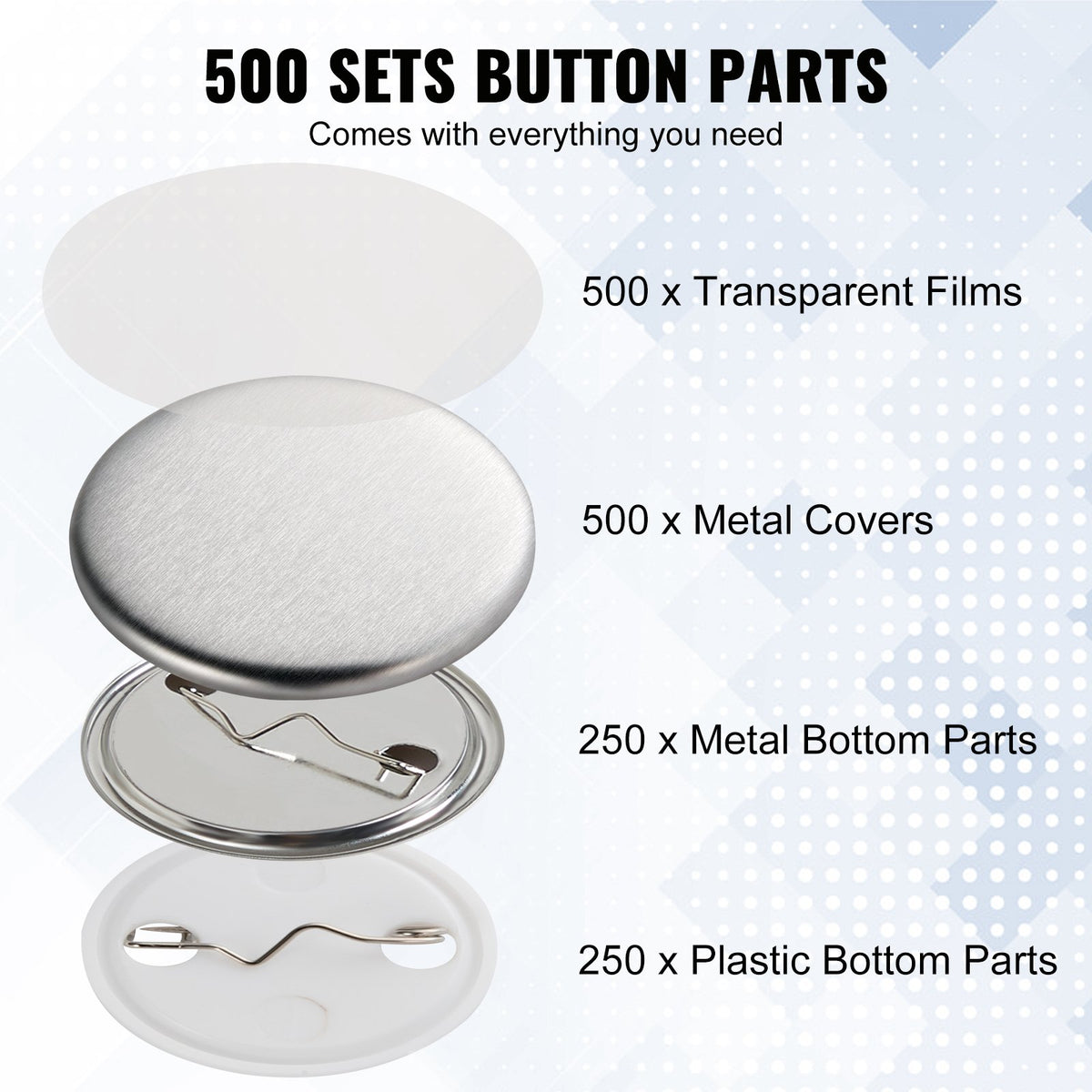 500 Sets 1.25" 32MM Pin Back Button Parts DIY Badge Parts with Tops Films