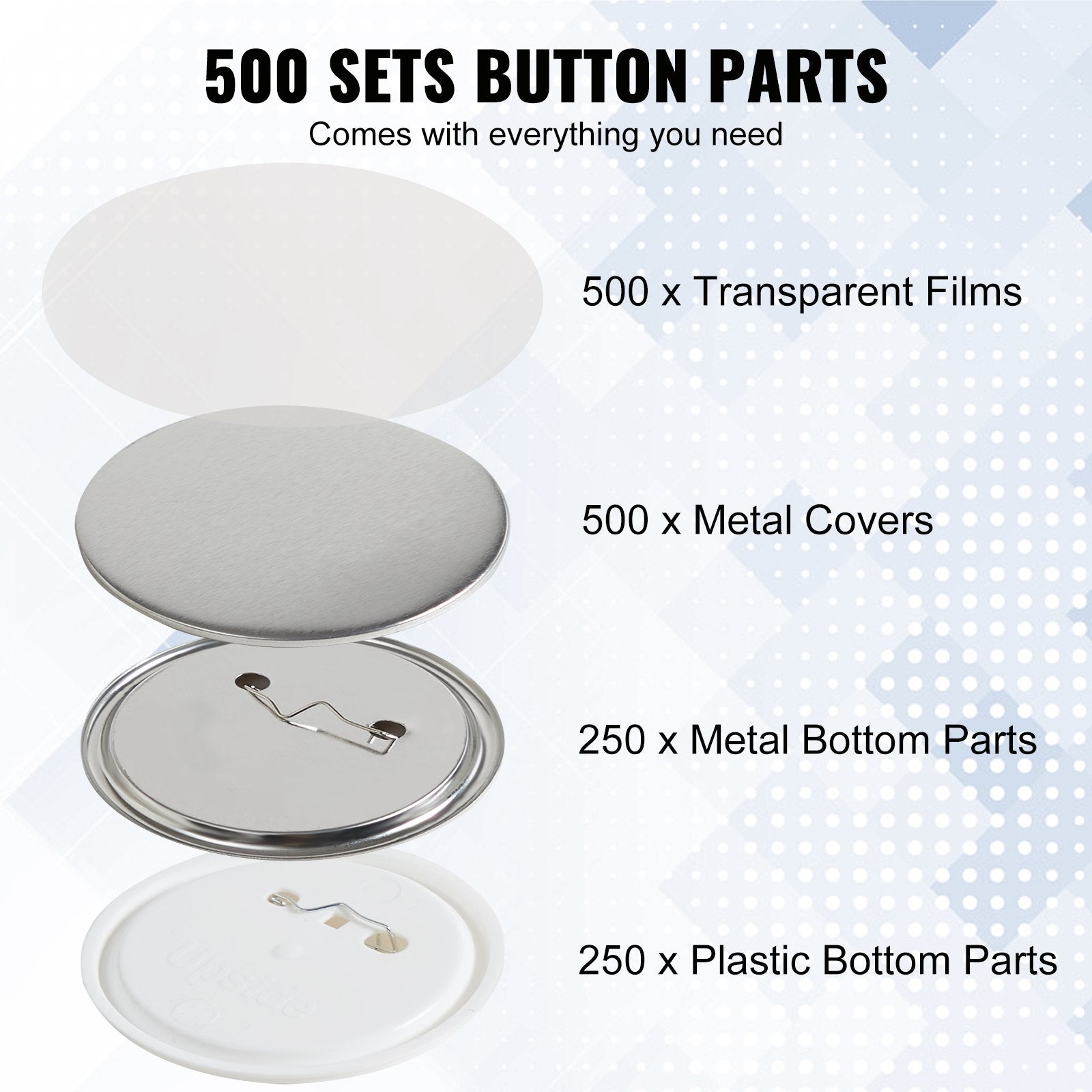 500 Sets 2.25" 58MM Pin Back Button Parts DIY Badge Parts with Tops Films