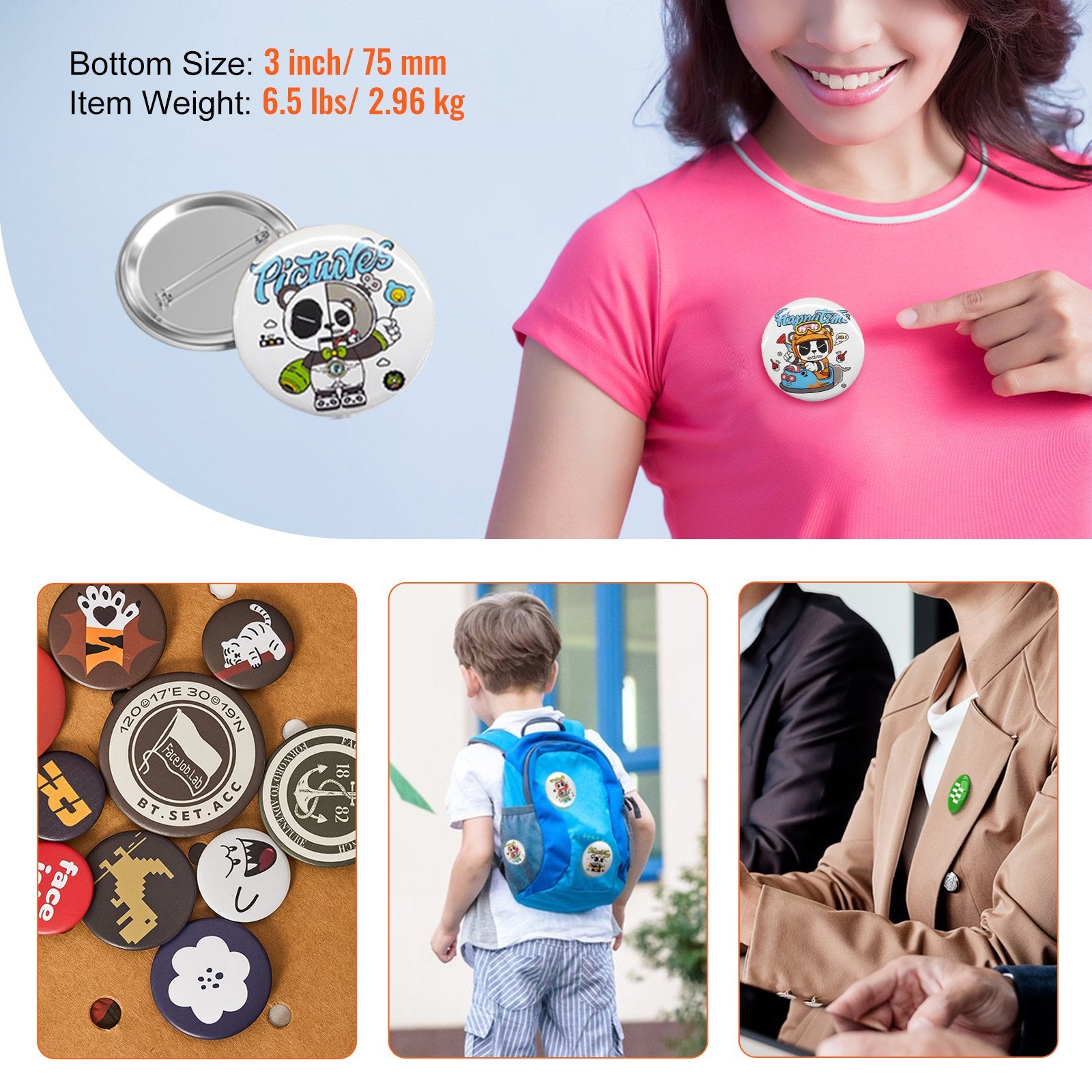 200 Sets 3" 75MM Pin Back Button Parts DIY Badge Parts with Tops Films