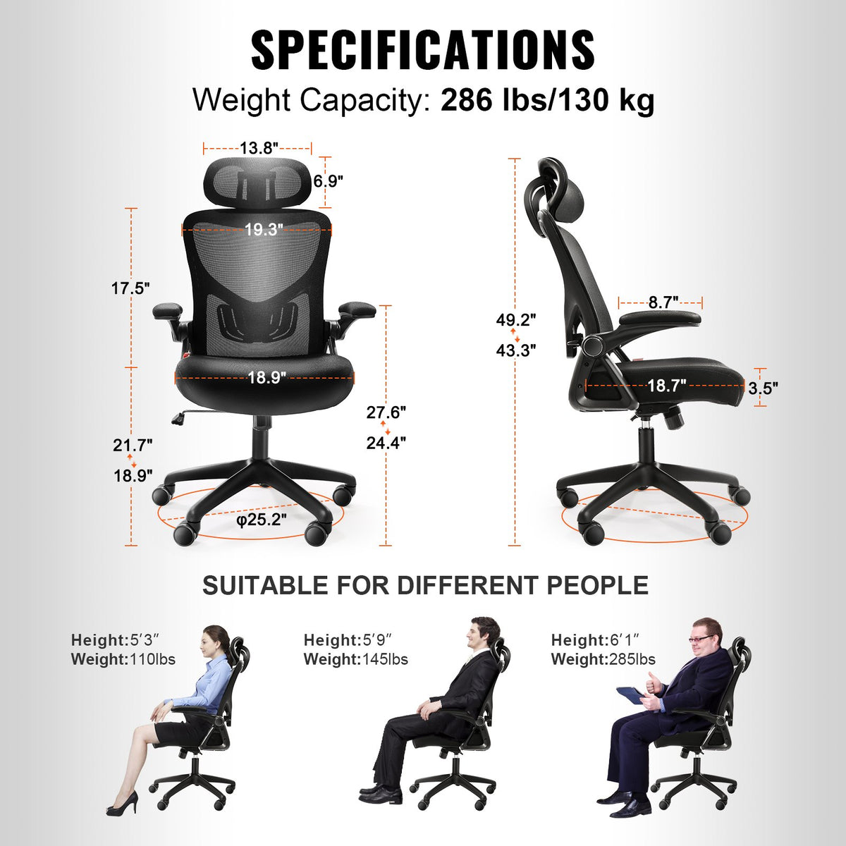 Office Chair Adjustable Lumbar Support High Back Ergonomic 2D Armrest