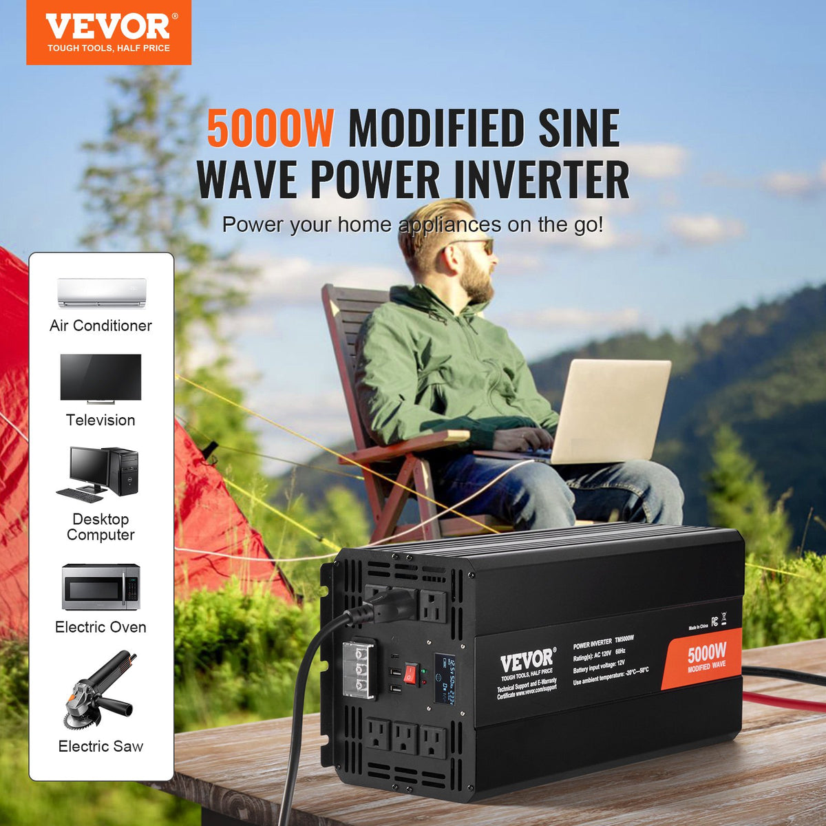 Modified Sine Wave Inverter 5000W DC 12V to AC 230V with LCD, USB, Type-C Remote