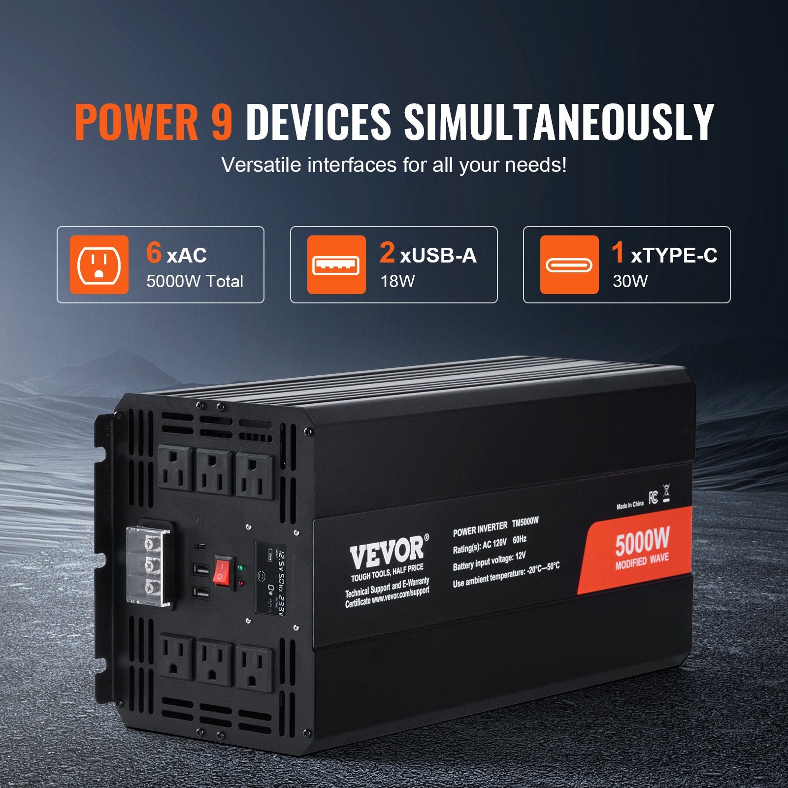 Modified Sine Wave Inverter 5000W DC 12V to AC 230V with LCD, USB, Type-C Remote
