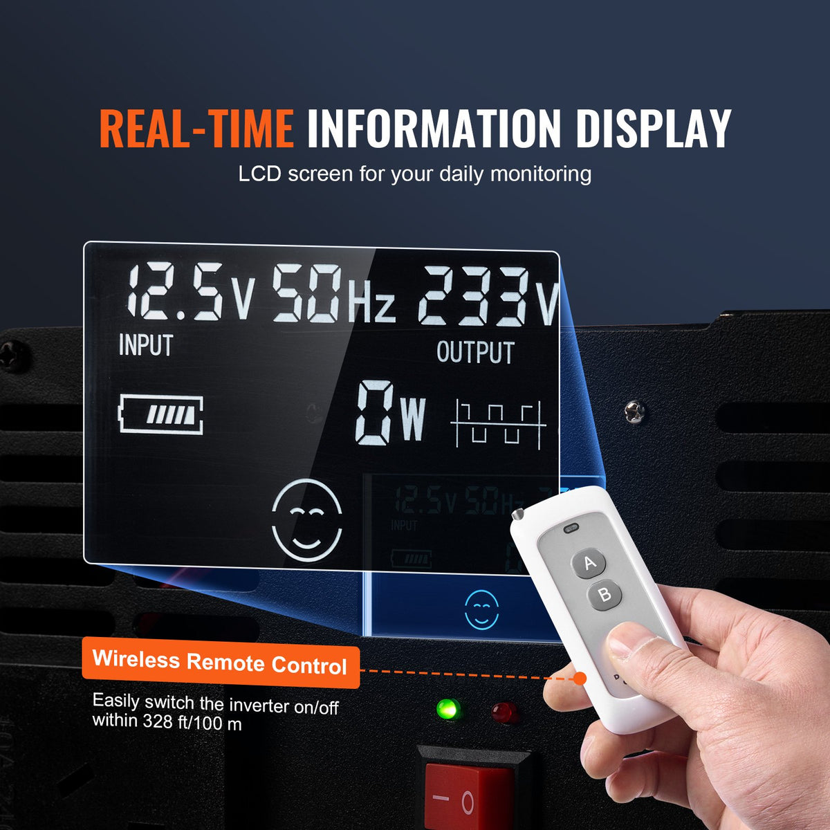 Modified Sine Wave Inverter 5000W DC 12V to AC 230V with LCD, USB, Type-C Remote