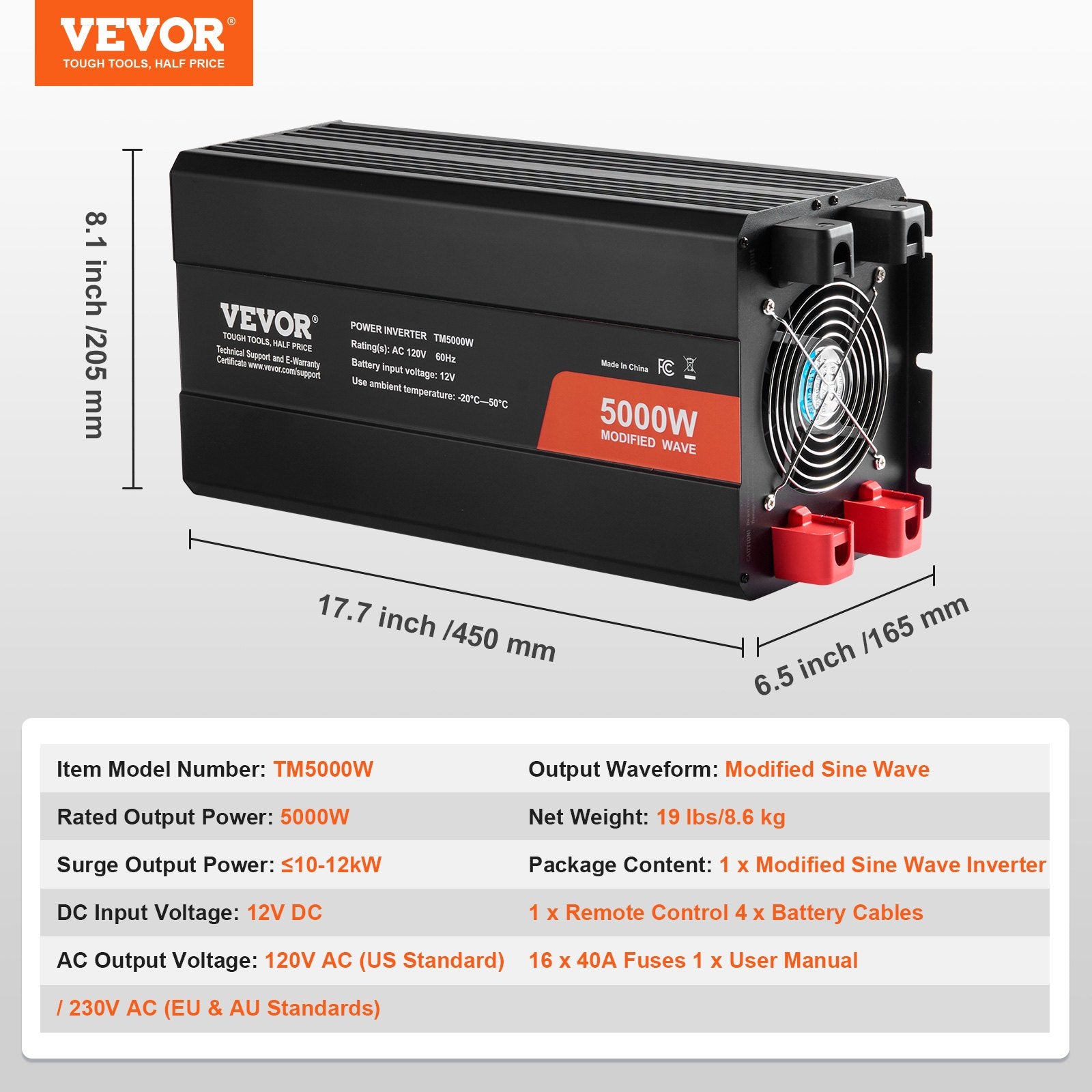 Modified Sine Wave Inverter 5000W DC 12V to AC 230V with LCD, USB, Type-C Remote