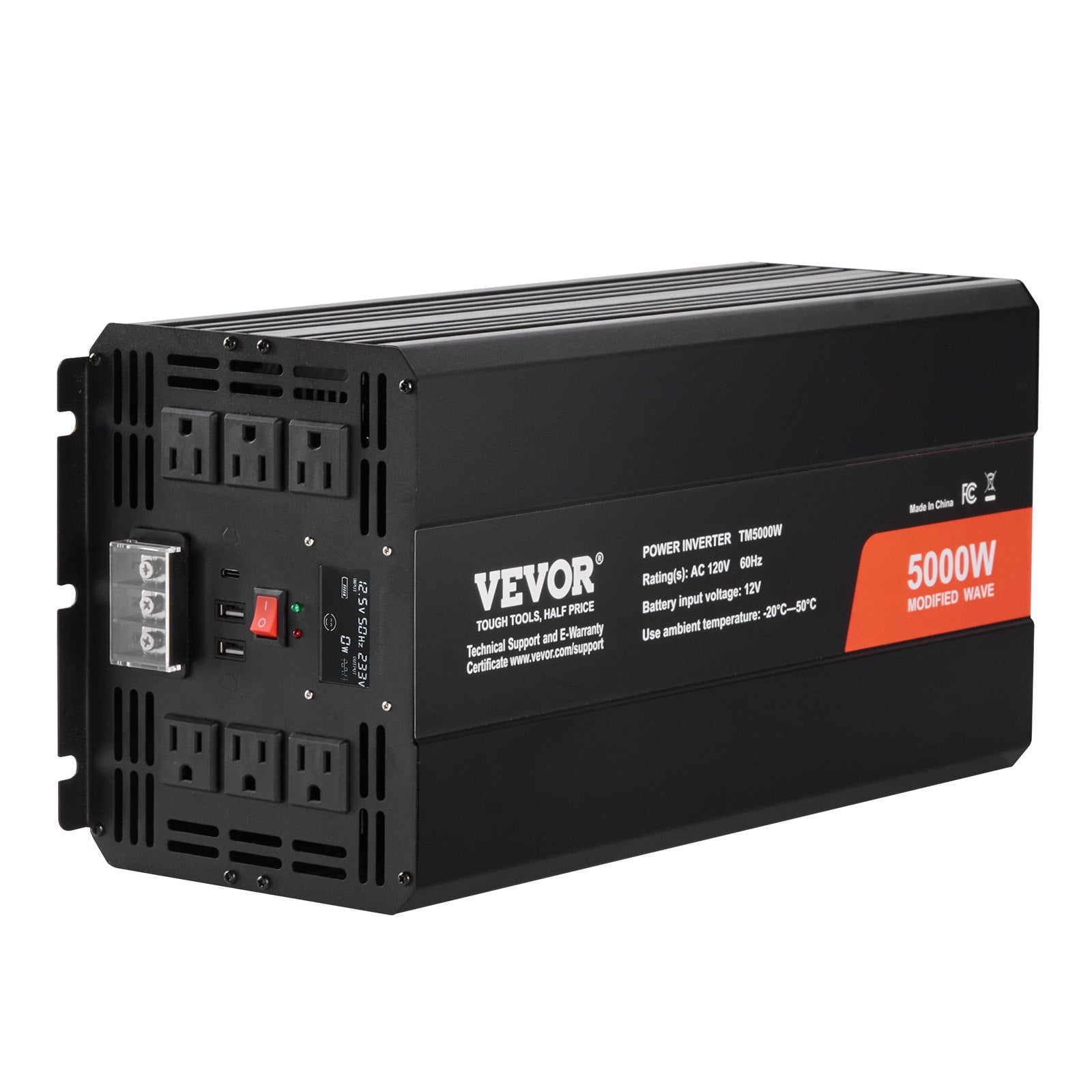 Modified Sine Wave Inverter 5000W DC 12V to AC 230V with LCD, USB, Type-C Remote
