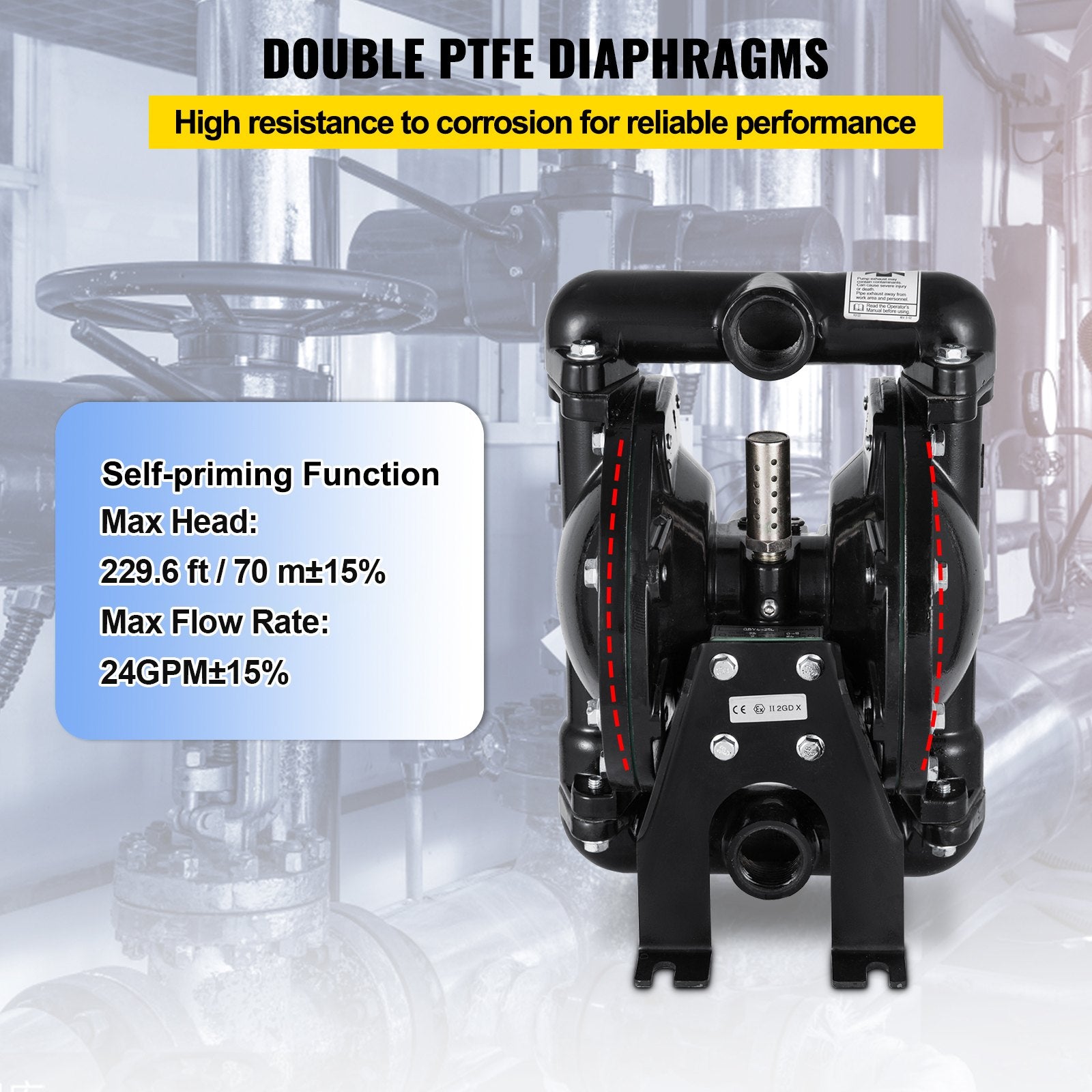 Air-Operated Double Diaphragm Pump 24 GPM 1 Inch Inlet And Outlet