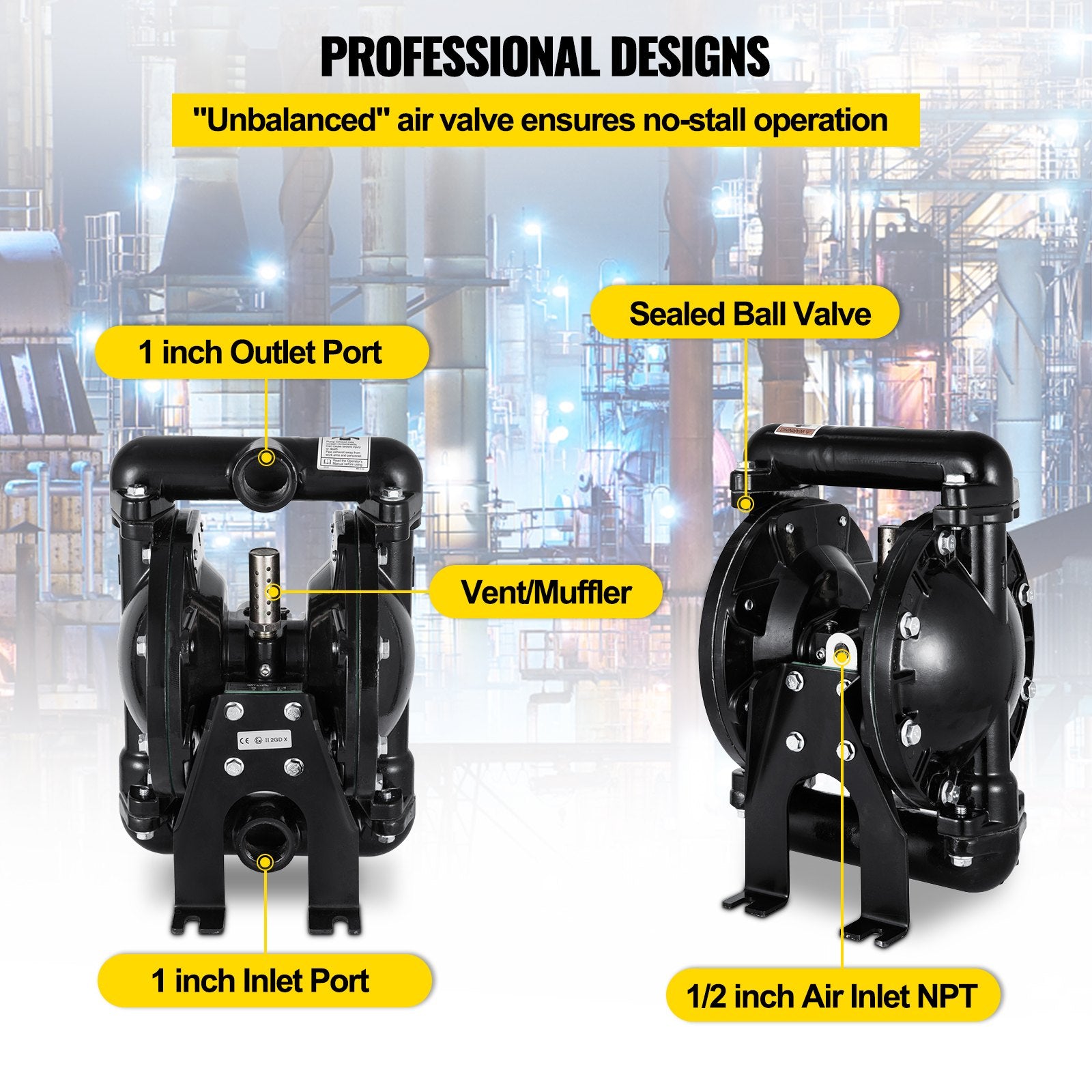 Air-Operated Double Diaphragm Pump 24 GPM 1 Inch Inlet And Outlet