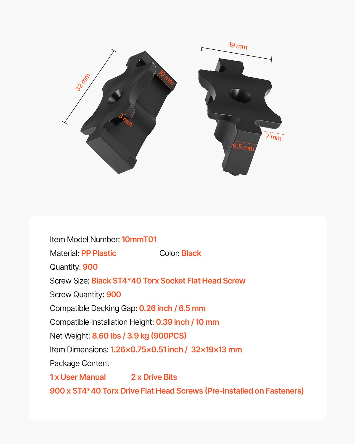 Hidden Deck Fasteners 900PCS Composite T Clips PP Polypropylene 6.5mm Gap Black