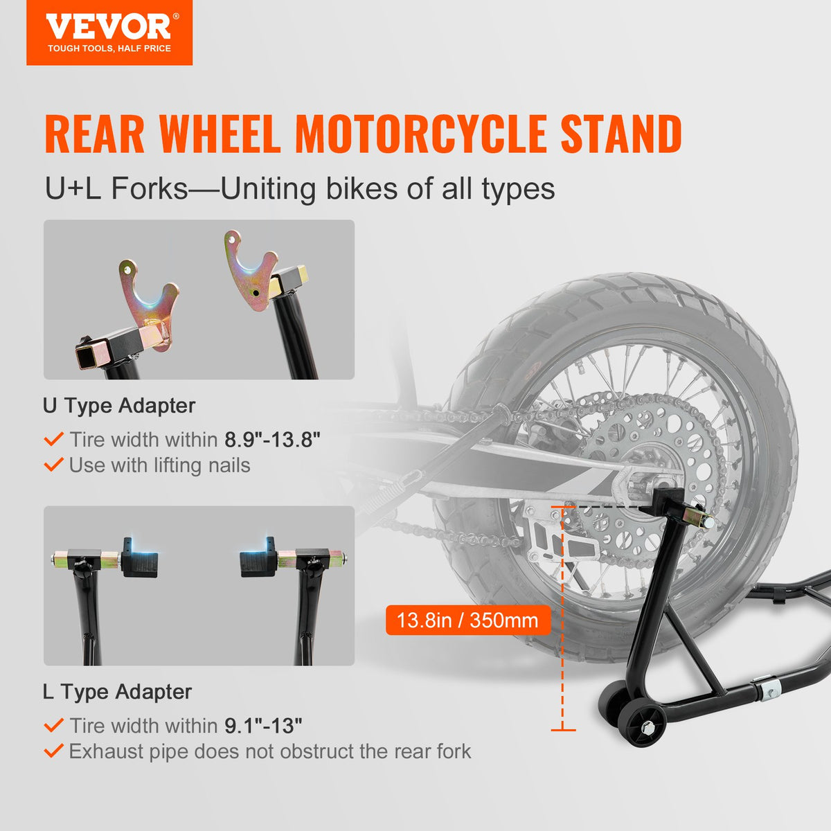 Motorcycle Rear Wheel Stand U+L Fork Swingarm 390kg Heavy Duty Lift Jack Black