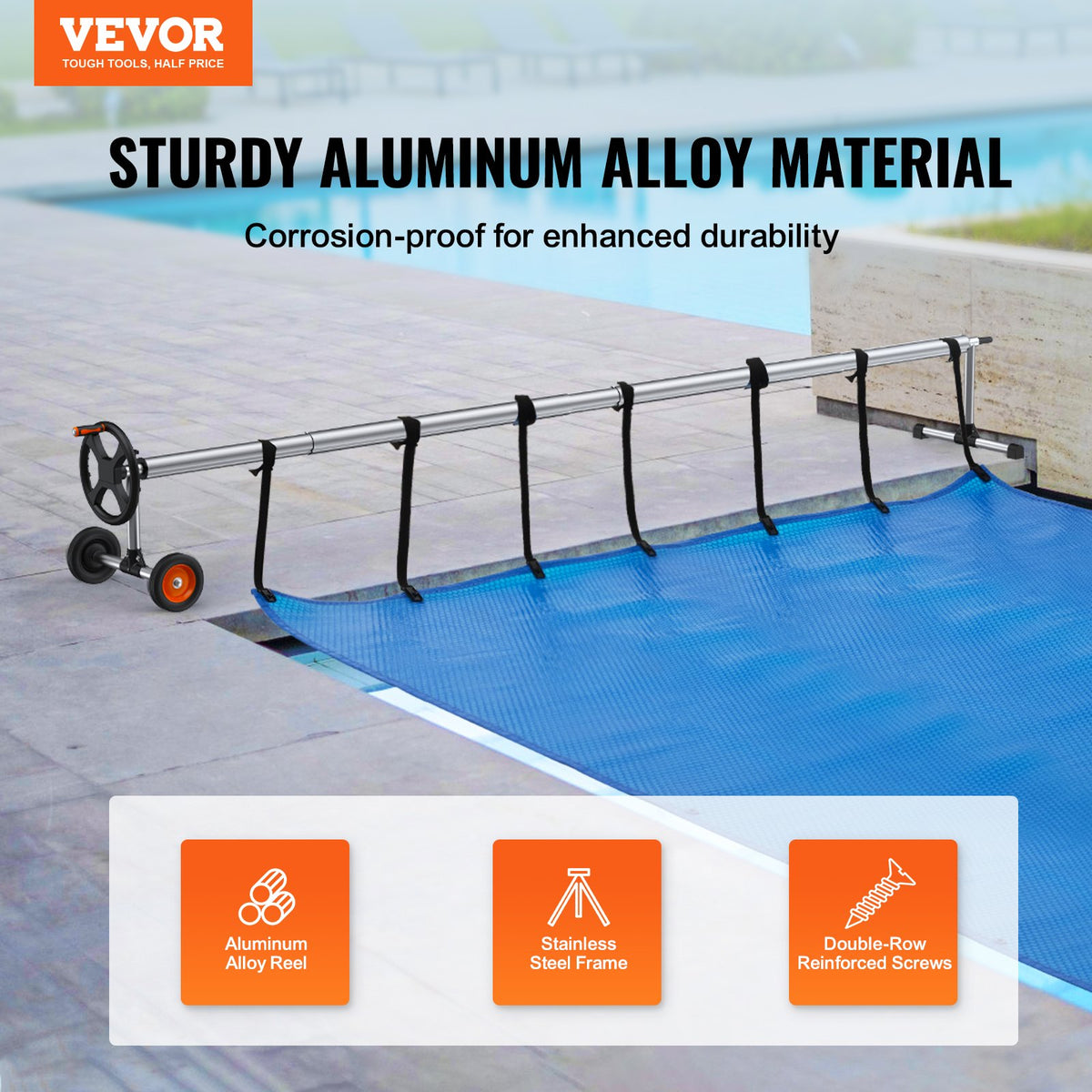 Pool Cover Reel Aluminum Solar 14ft with Rubber Wheels and Sandbags for Pools