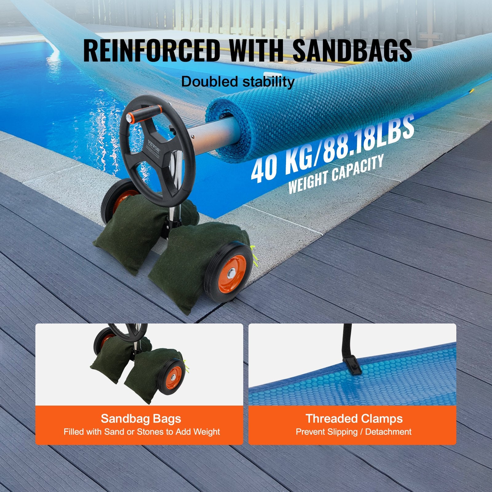 Pool Cover Reel Aluminum Solar 14ft with Rubber Wheels and Sandbags for Pools