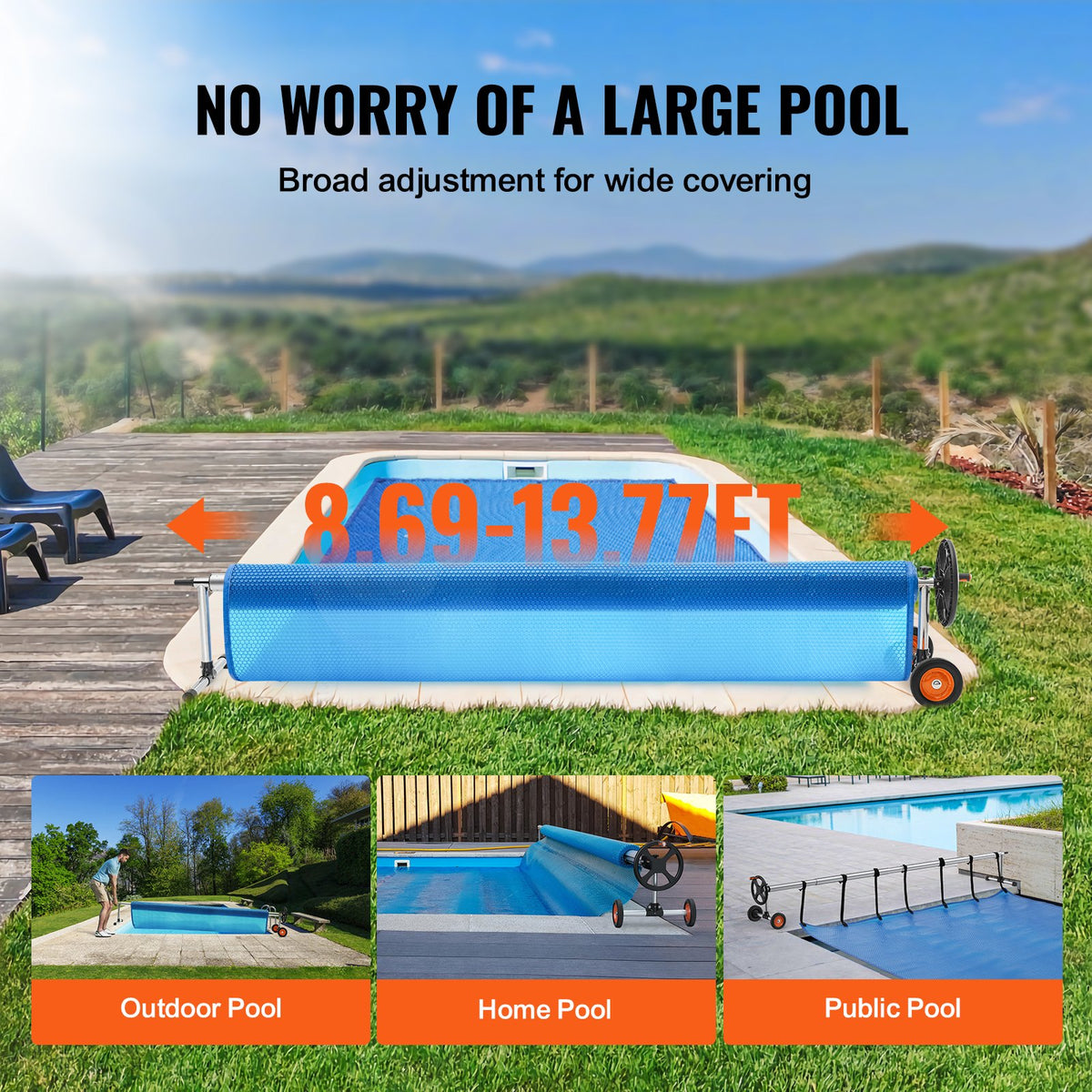 Pool Cover Reel Aluminum Solar 14ft with Rubber Wheels and Sandbags for Pools