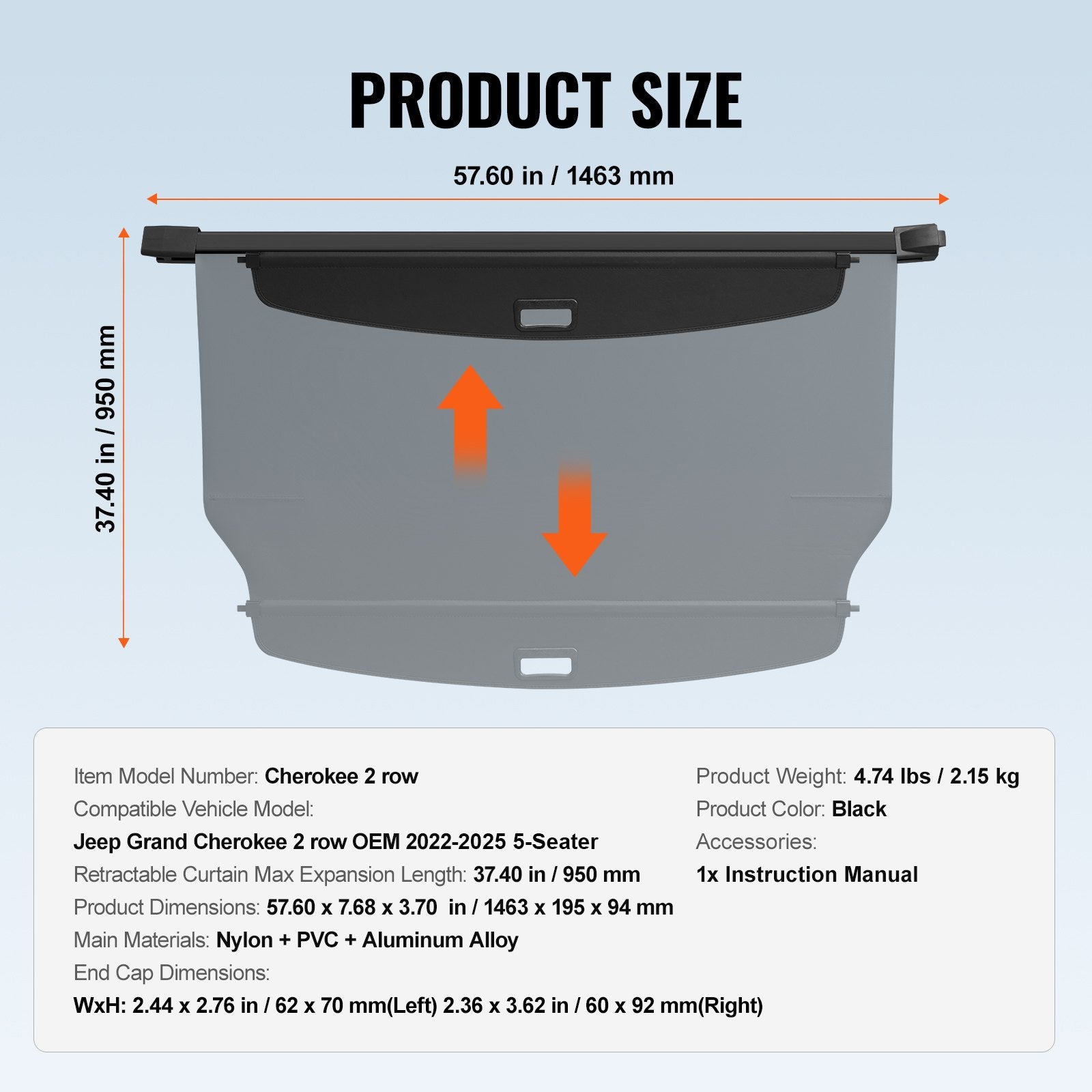 Retractable Cargo Cover Waterproof UVProof Trunk for Jeep Grand Cherokee 2-Row