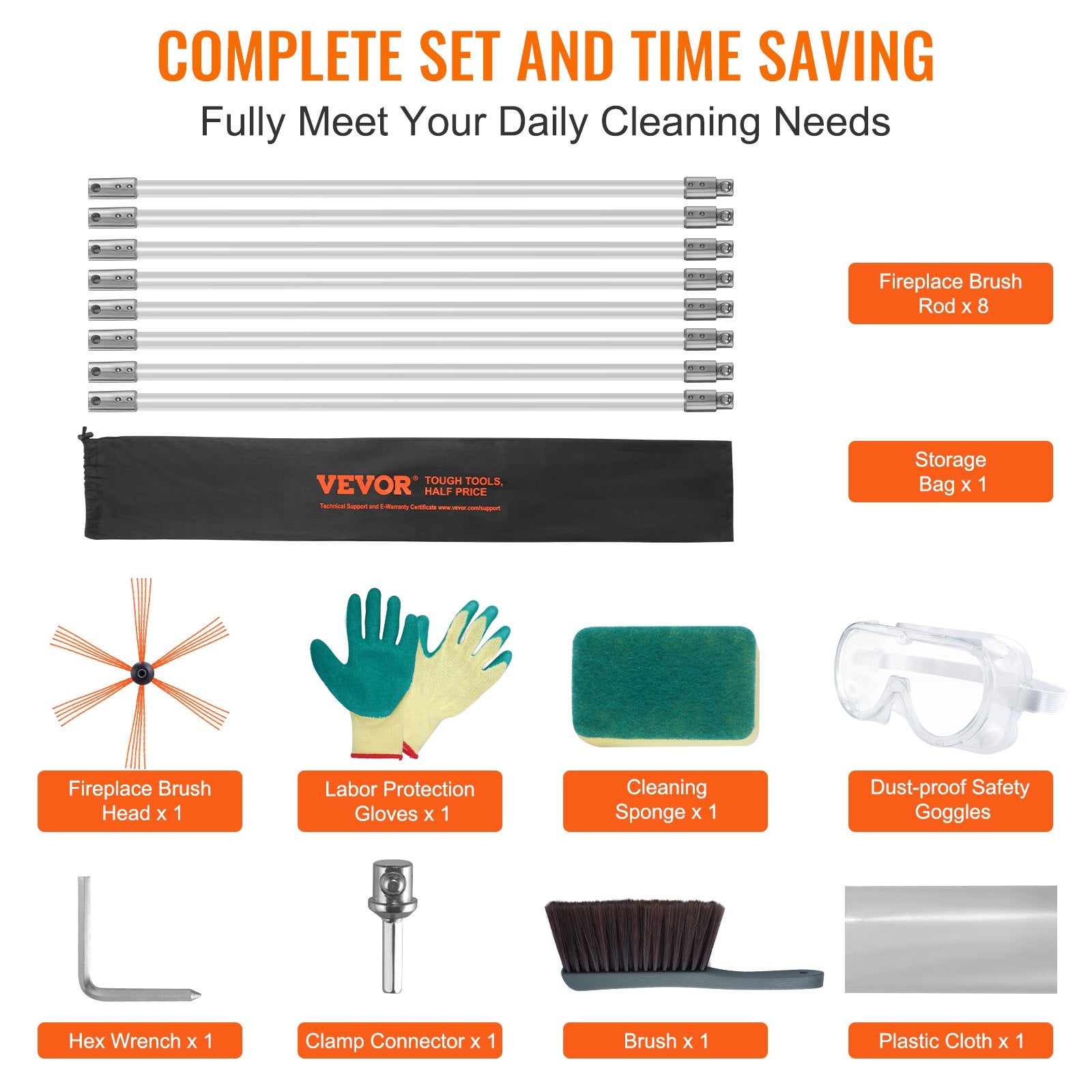 Chimney Sweep Kit 8m 8 Reinforced Nylon Rods 360° Ergonomic Cleaning Brush