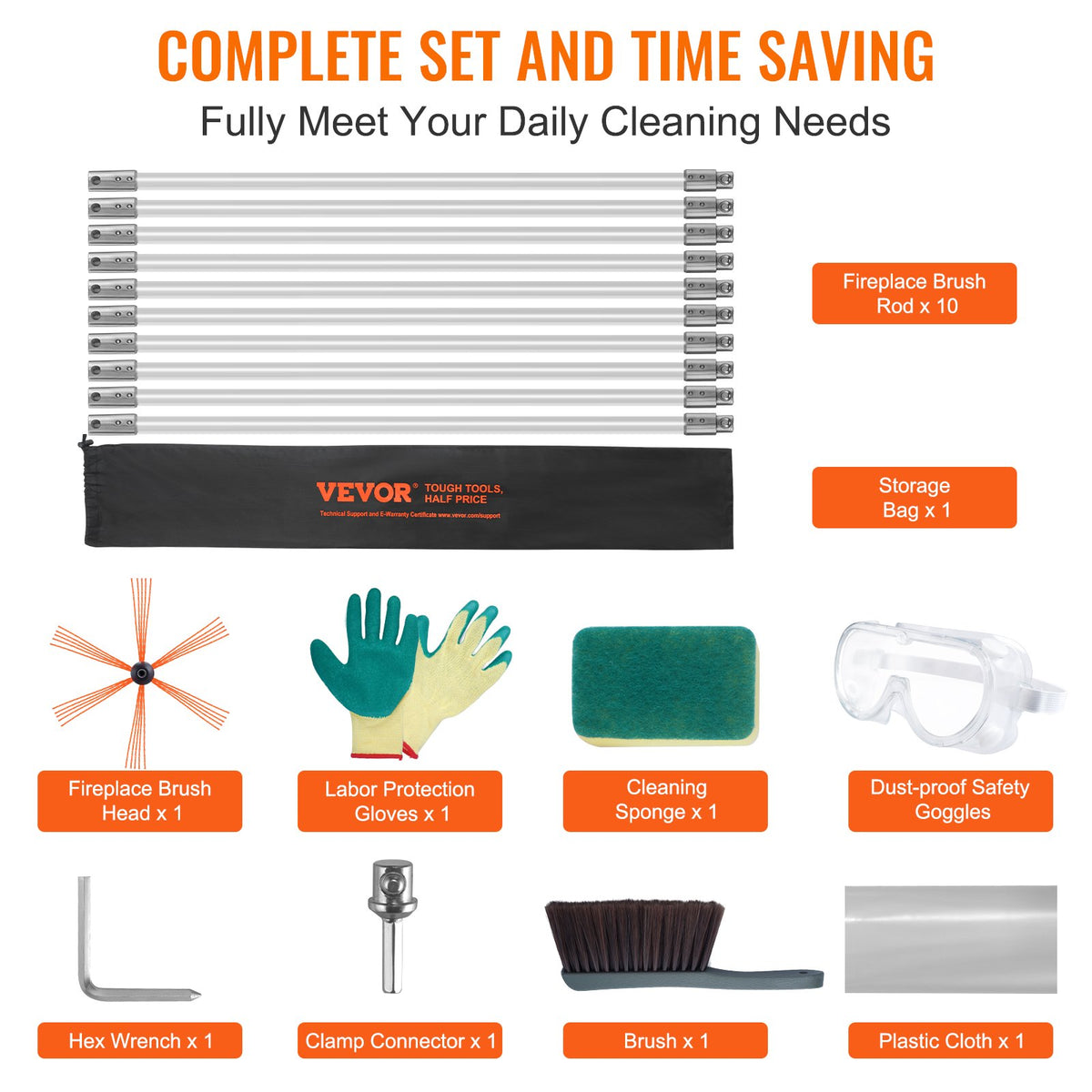 Chimney Sweep Kit 10m 10 Reinforced Nylon Flexible Rods 360° Cleaning Brush
