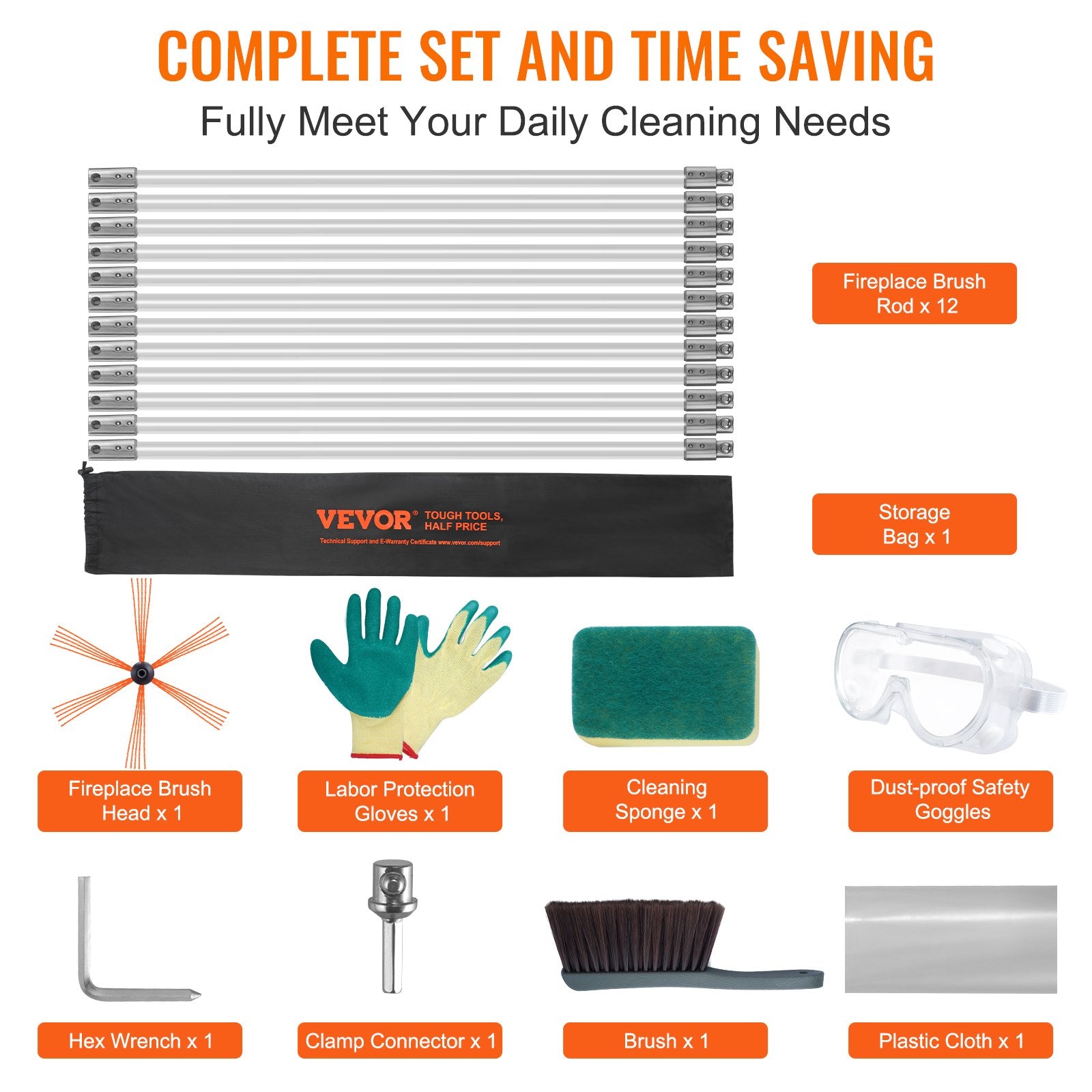 Chimney Sweep Kit 12m 12 Reinforced Nylon Flexible Rods 360° Cleaning Brush