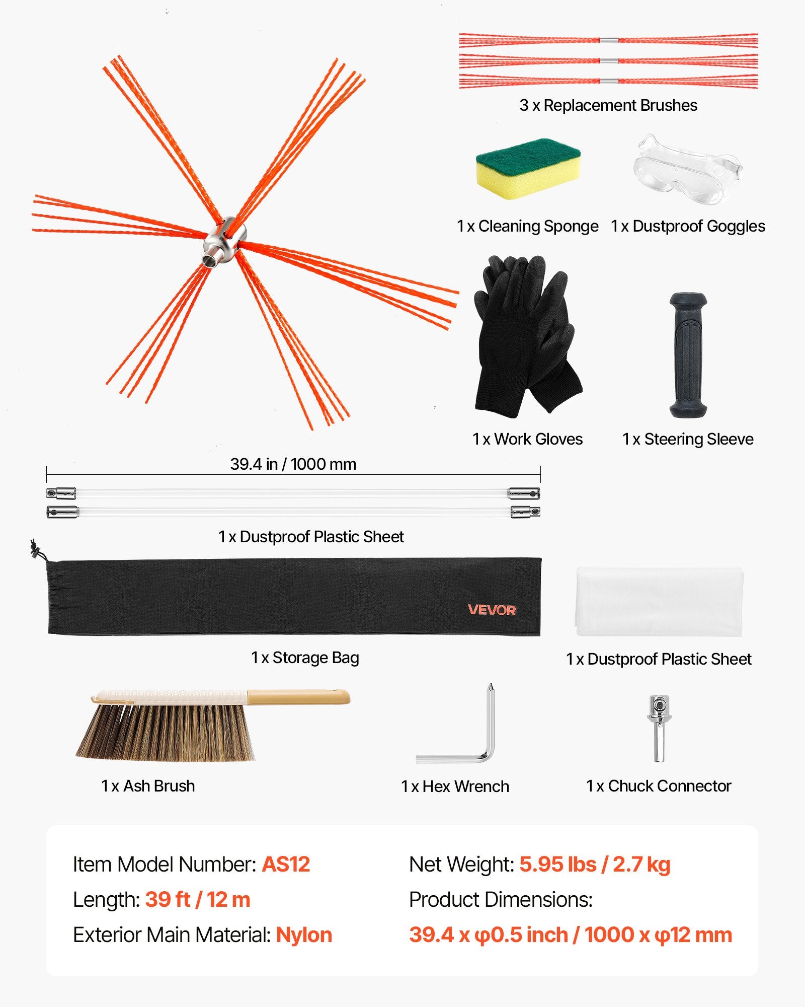 Chimney Sweep Kit 12m Extendable Bristle Replacements Goggles 90° Bendable