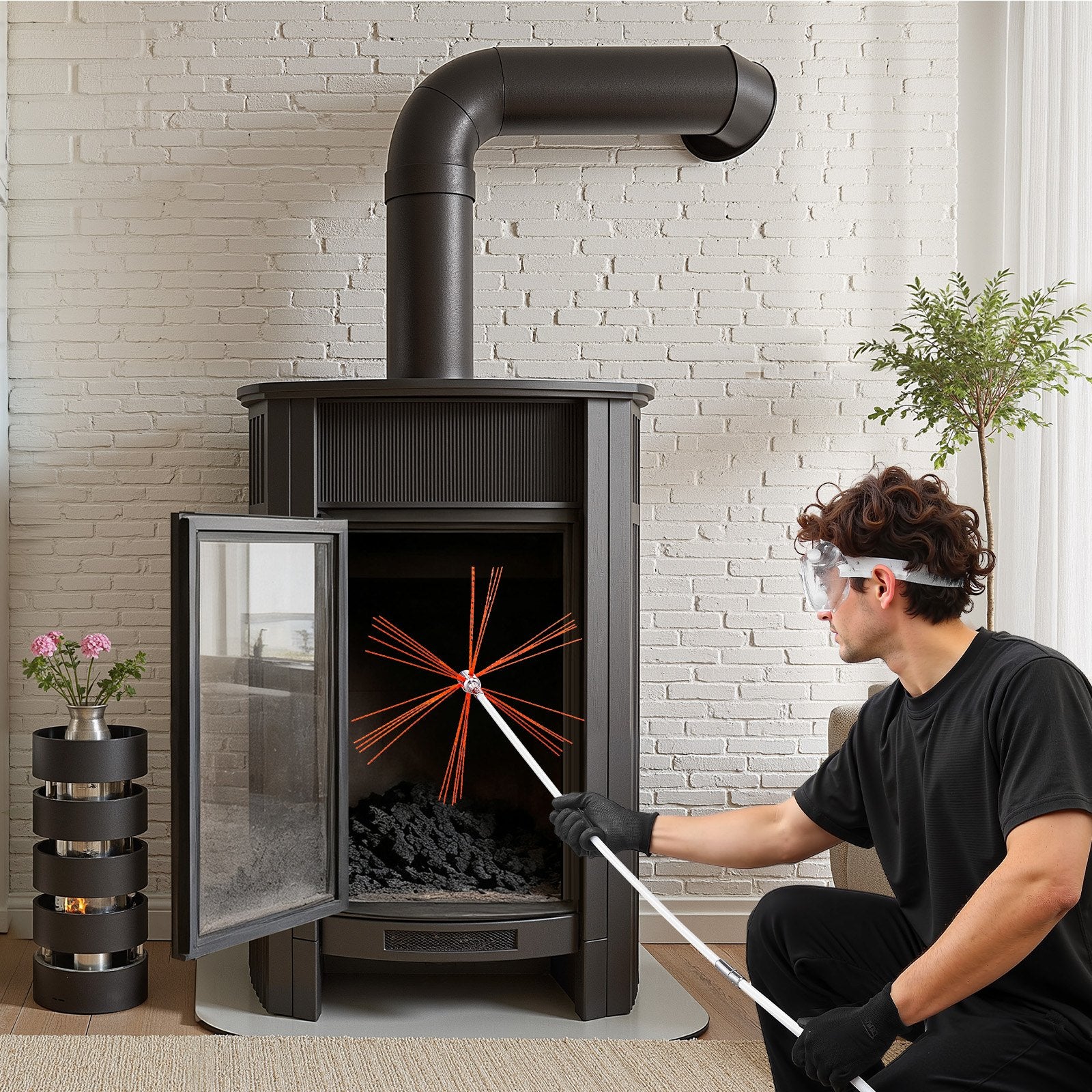 Chimney Sweep Kit 12m Extendable Bristle Replacements Goggles 90° Bendable