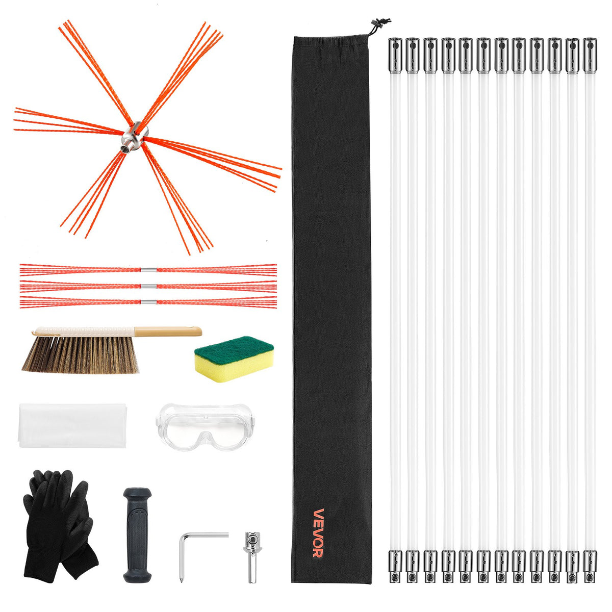Chimney Sweep Kit 12m Extendable Bristle Replacements Goggles 90° Bendable
