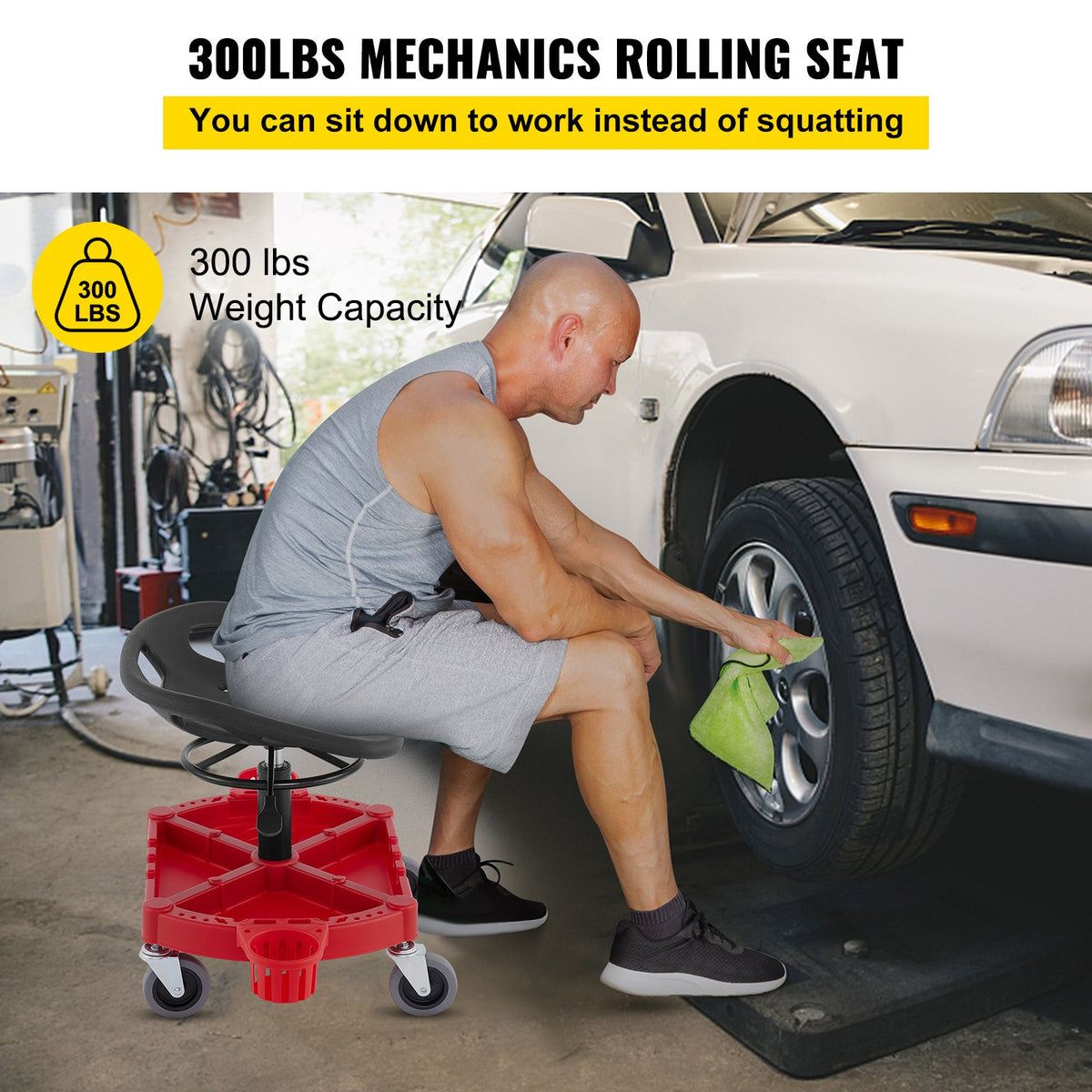 Rolling Garage Stool 300lb Adjustable 18-23in 360° Swivel with Tool Tray Red