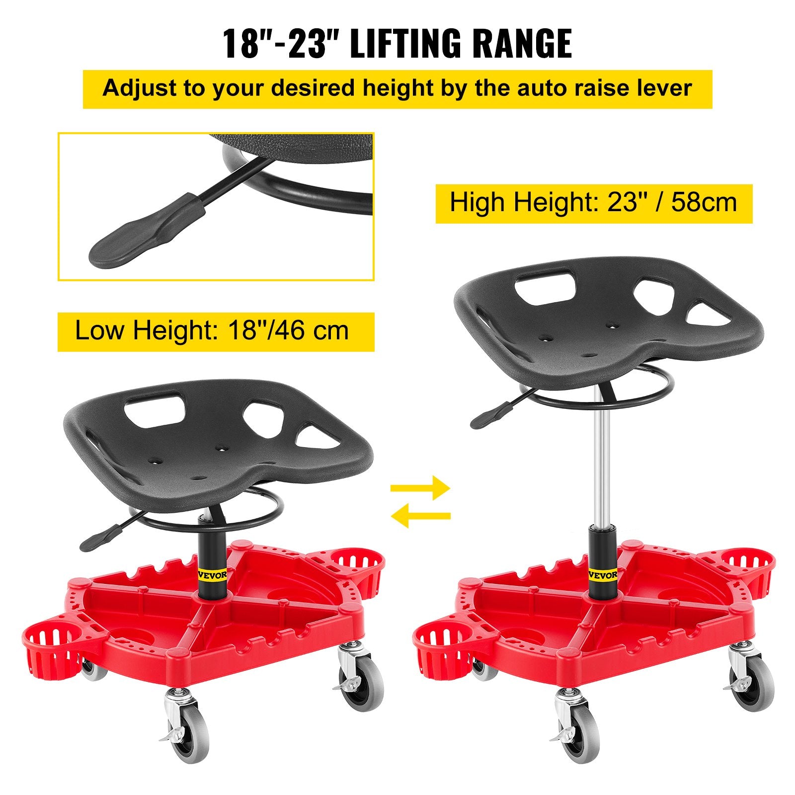 Rolling Garage Stool 300lb Adjustable 18-23in 360° Swivel with Tool Tray Red