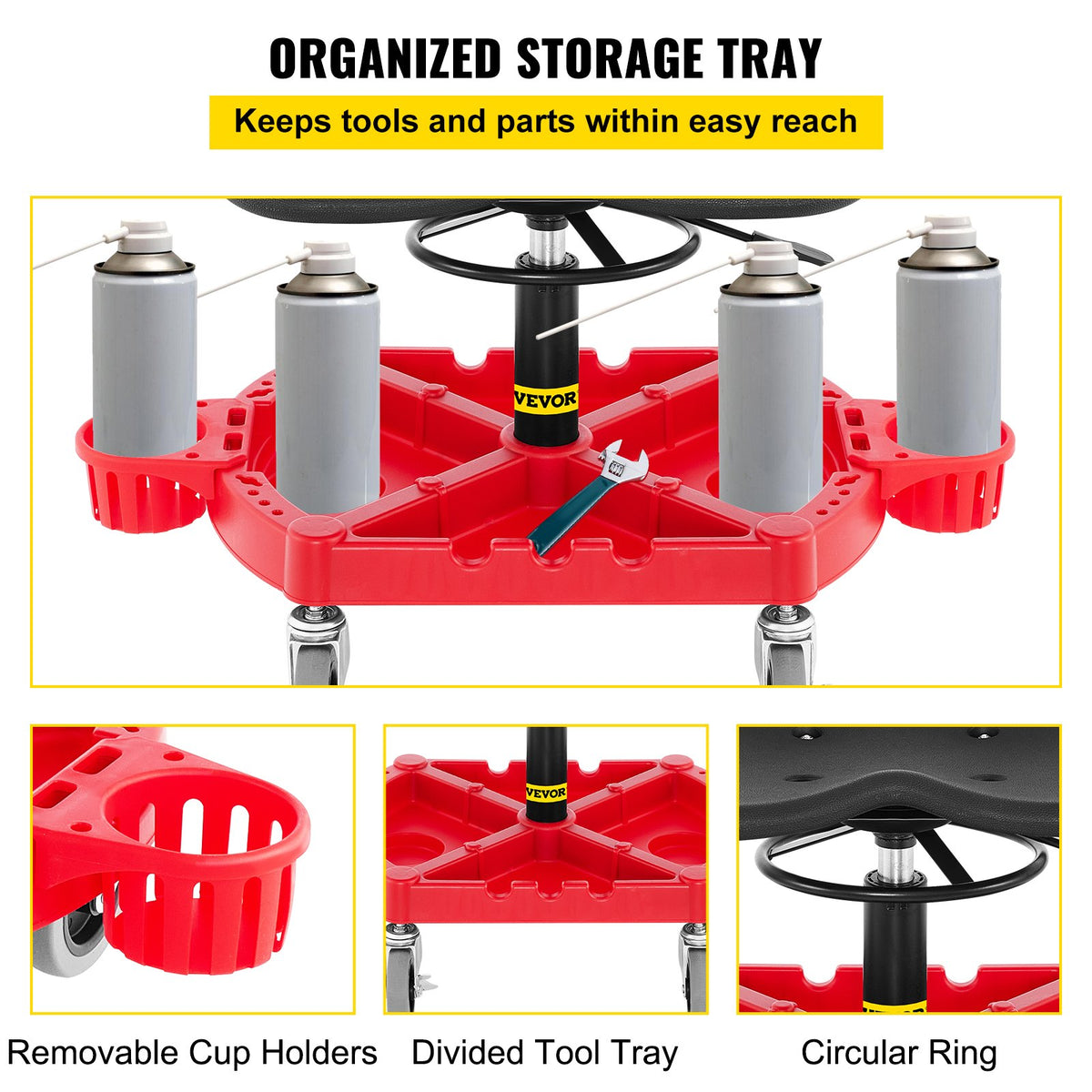 Rolling Garage Stool 300lb Adjustable 18-23in 360° Swivel with Tool Tray Red